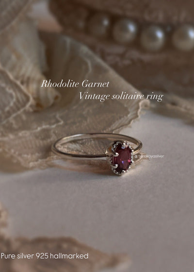 Rhodolite Garnet Vintage Solitaire Ring in 925 Sterling Silver