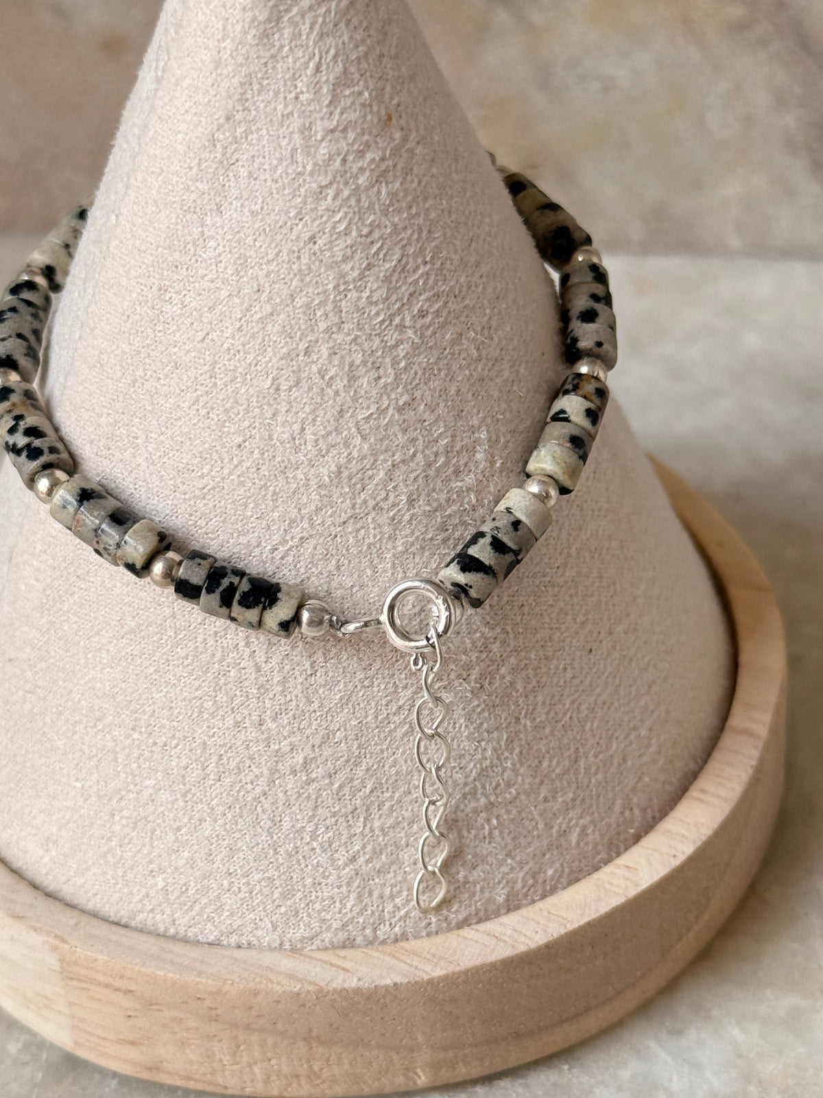 925 Sterling Silver Dalmatian Jasper Flat Tube Crystal Silver Balls Bracelet