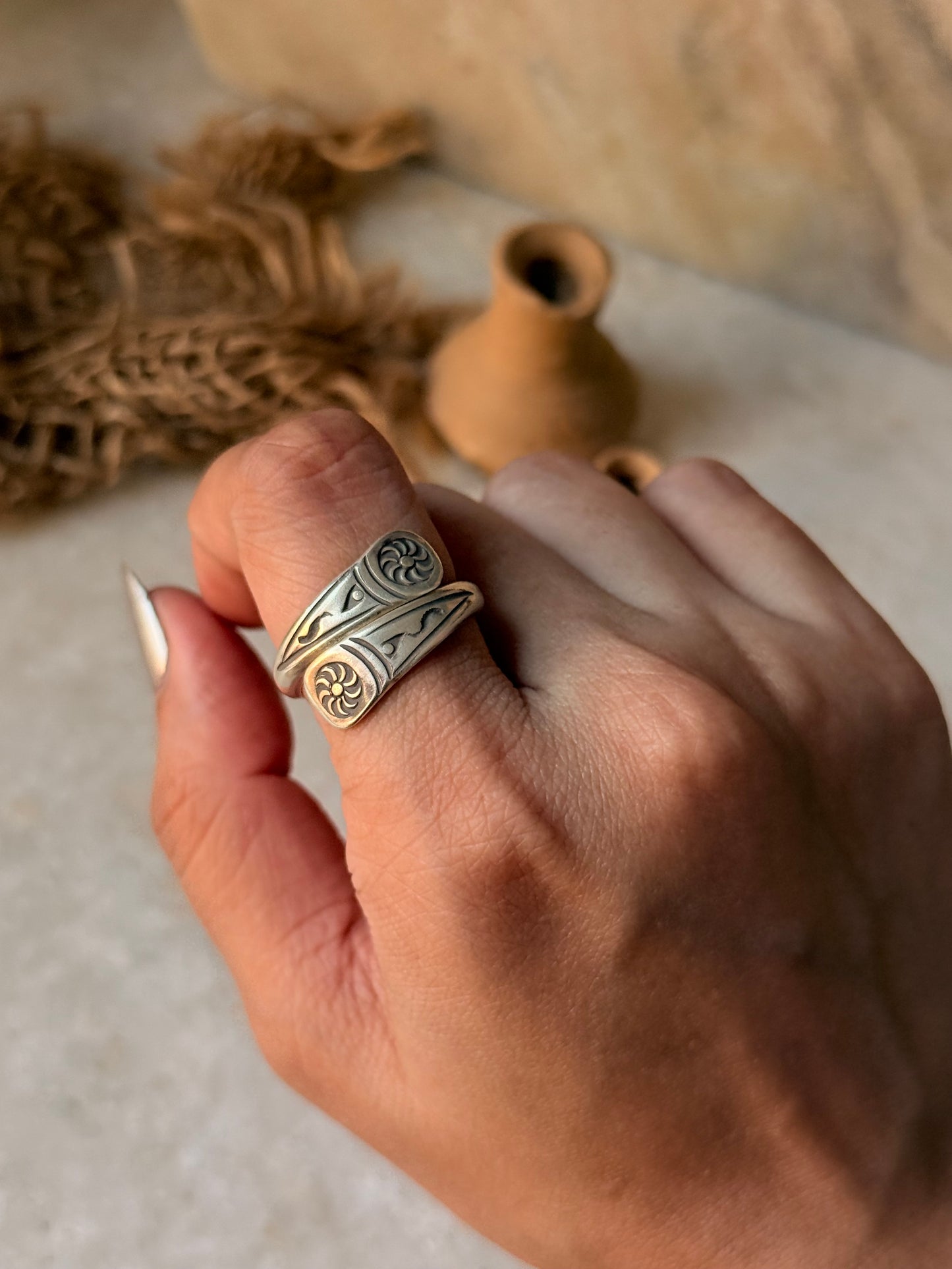 925 Sterling Silver Bohemian Hill Tribe Sun Engraved Handcrafted Adjustable Ring