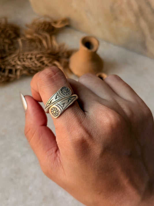 925 Sterling Silver Bohemian Hill Tribe Sun Engraved Handcrafted Adjustable Ring