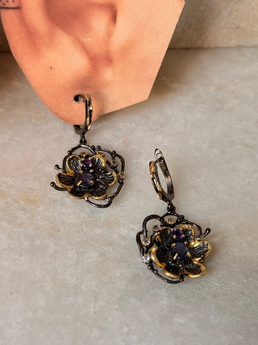 925 Sterling Silver Amethyst, Tanzanite & Topaz Black Rhodium Gold Plating Earrings