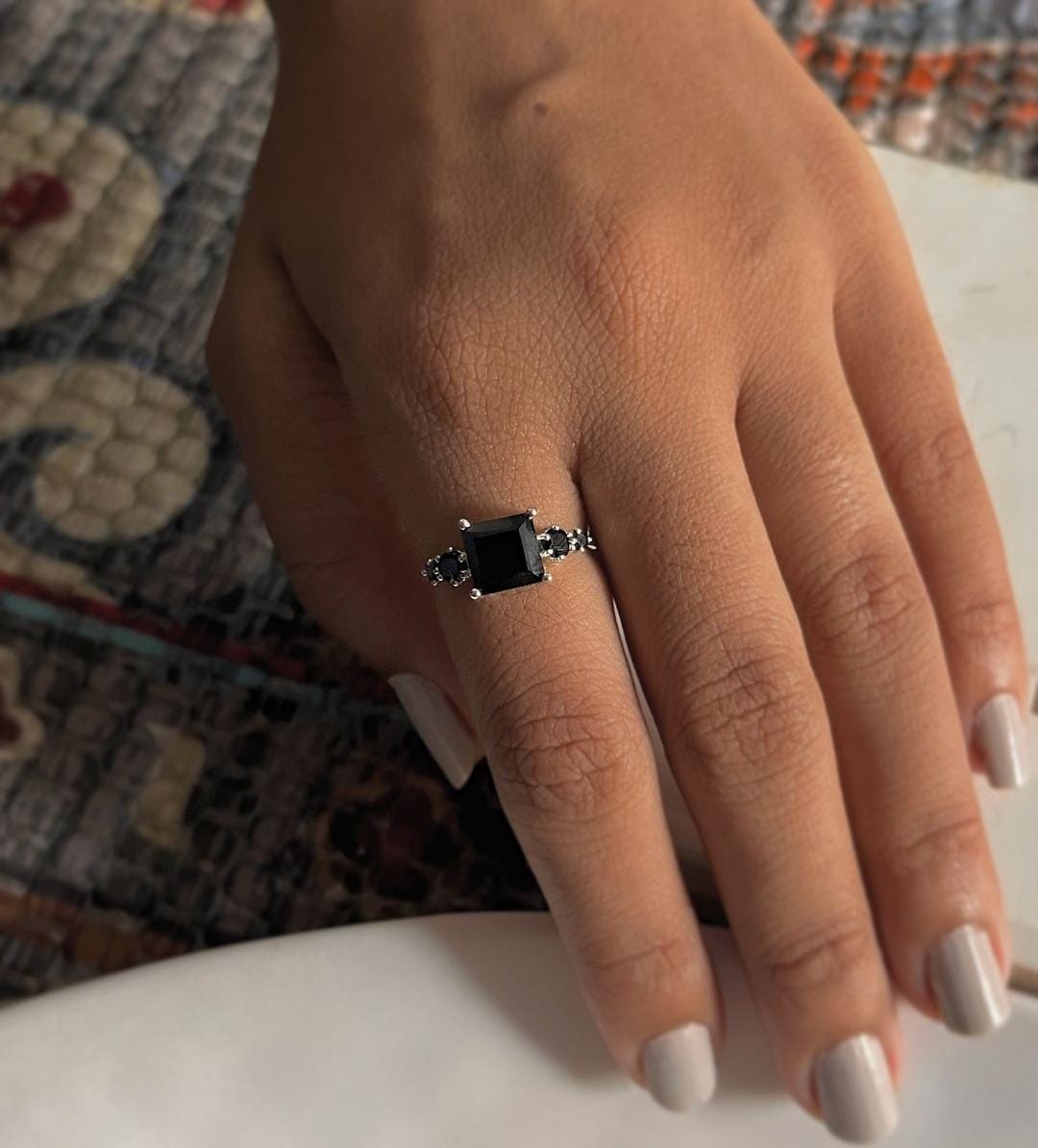 Silver Ring with Square Cut Black Onyx Stone