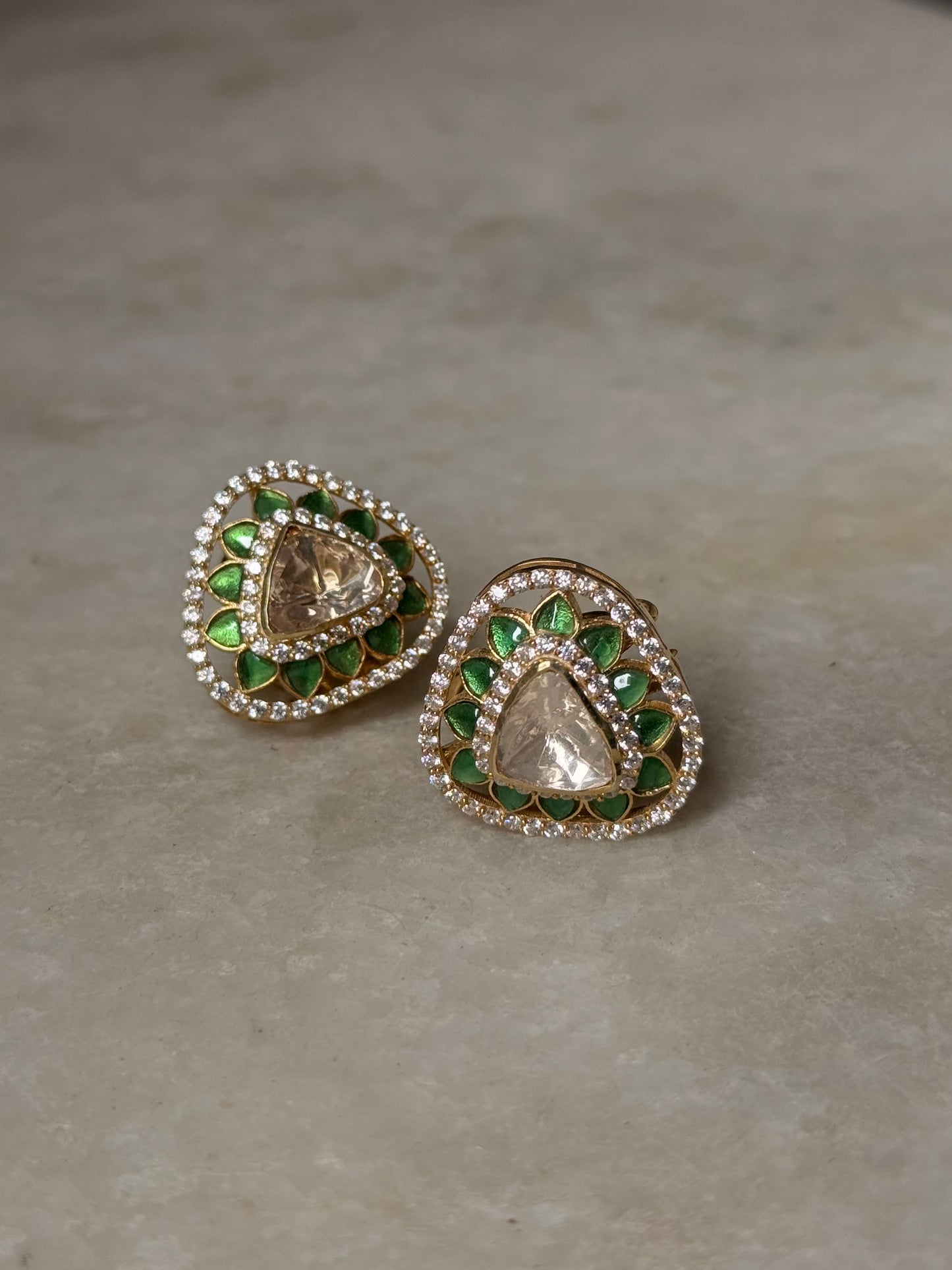 925 Sterling Silver Gold Plated Antique Moissanite Polki Green Kundan Triangle Studs Earrings