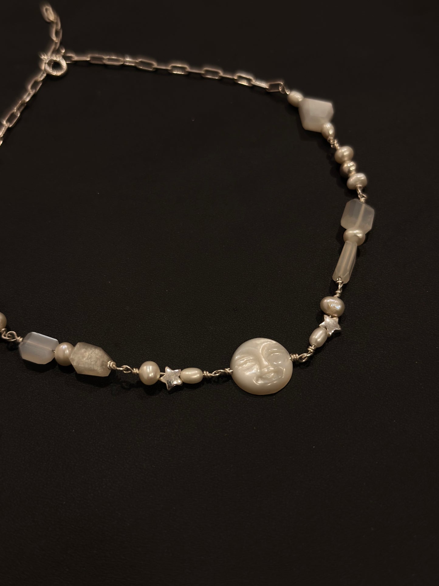 925 Sterling Silver Mother of Pearl Full Moon Face, Star Fresh Water Pearls, Grey Moonstone Handcrafted Necklace