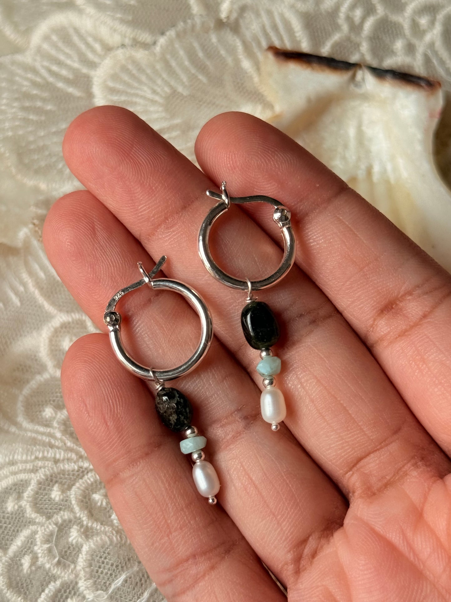 925 Sterling Silver Green Tourmaline Larimar Fresh Water Pearls Hangings Hoops Earrings