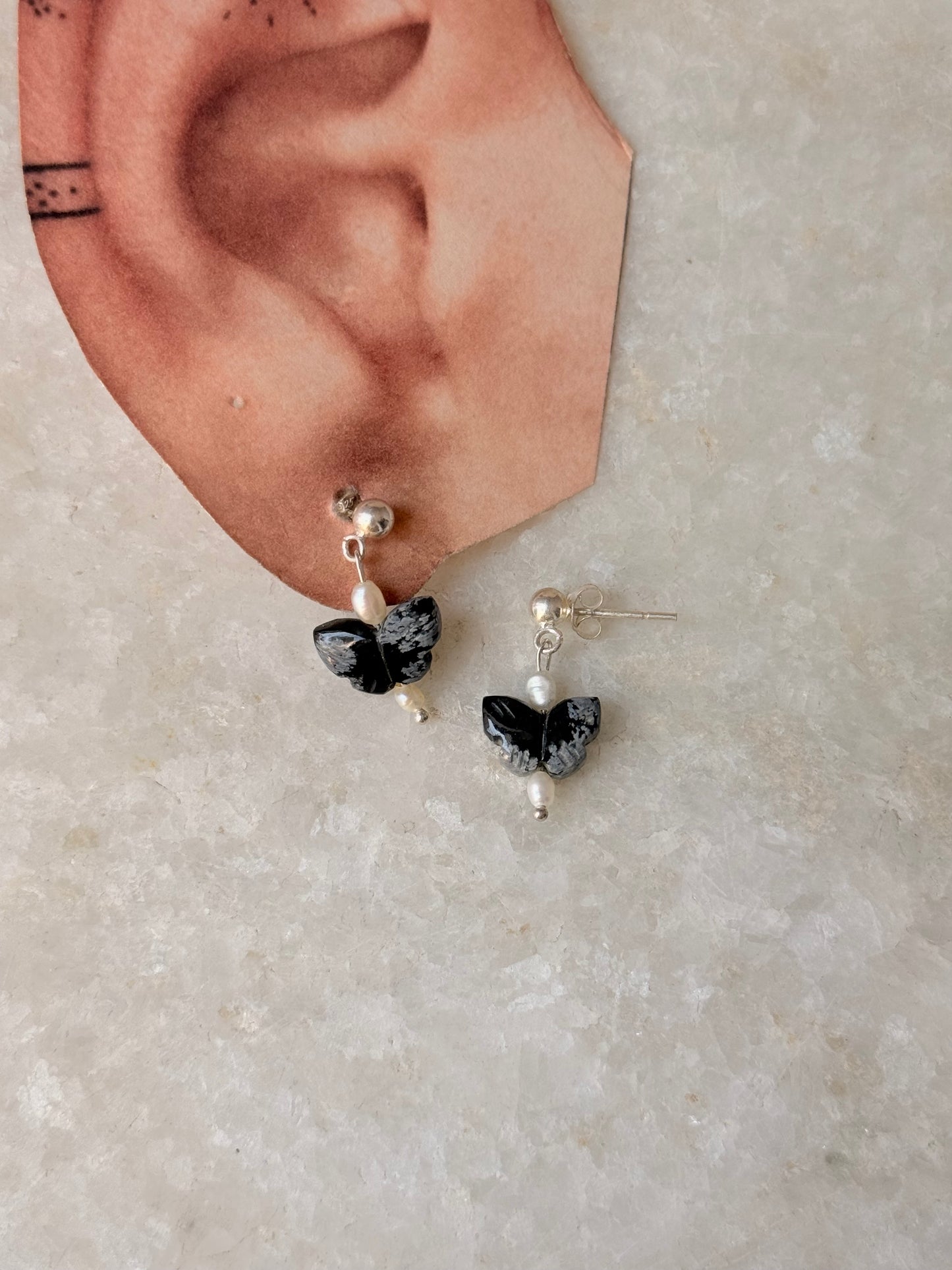 925 Sterling Silver Black Jasper Pearl Butterfly Crystal Studs Earring