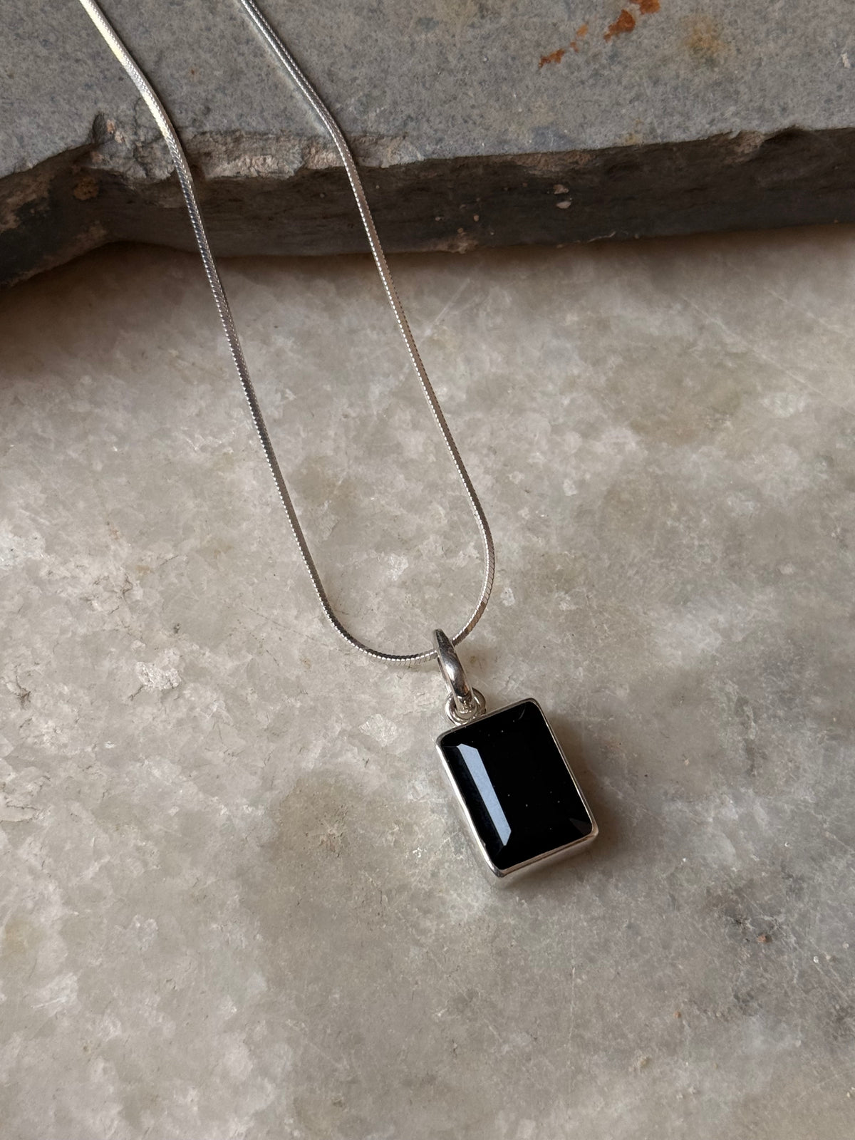 925 Sterling Silver Black Onyx Rectangle Unisex Pendant