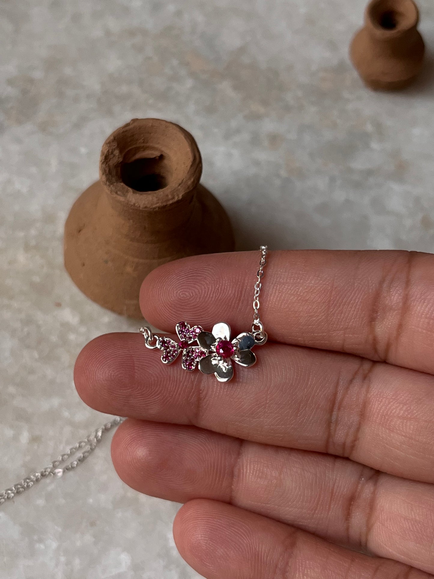 Ruby Lab Grown flowers Bouquet 925 Sterling Silver Necklace