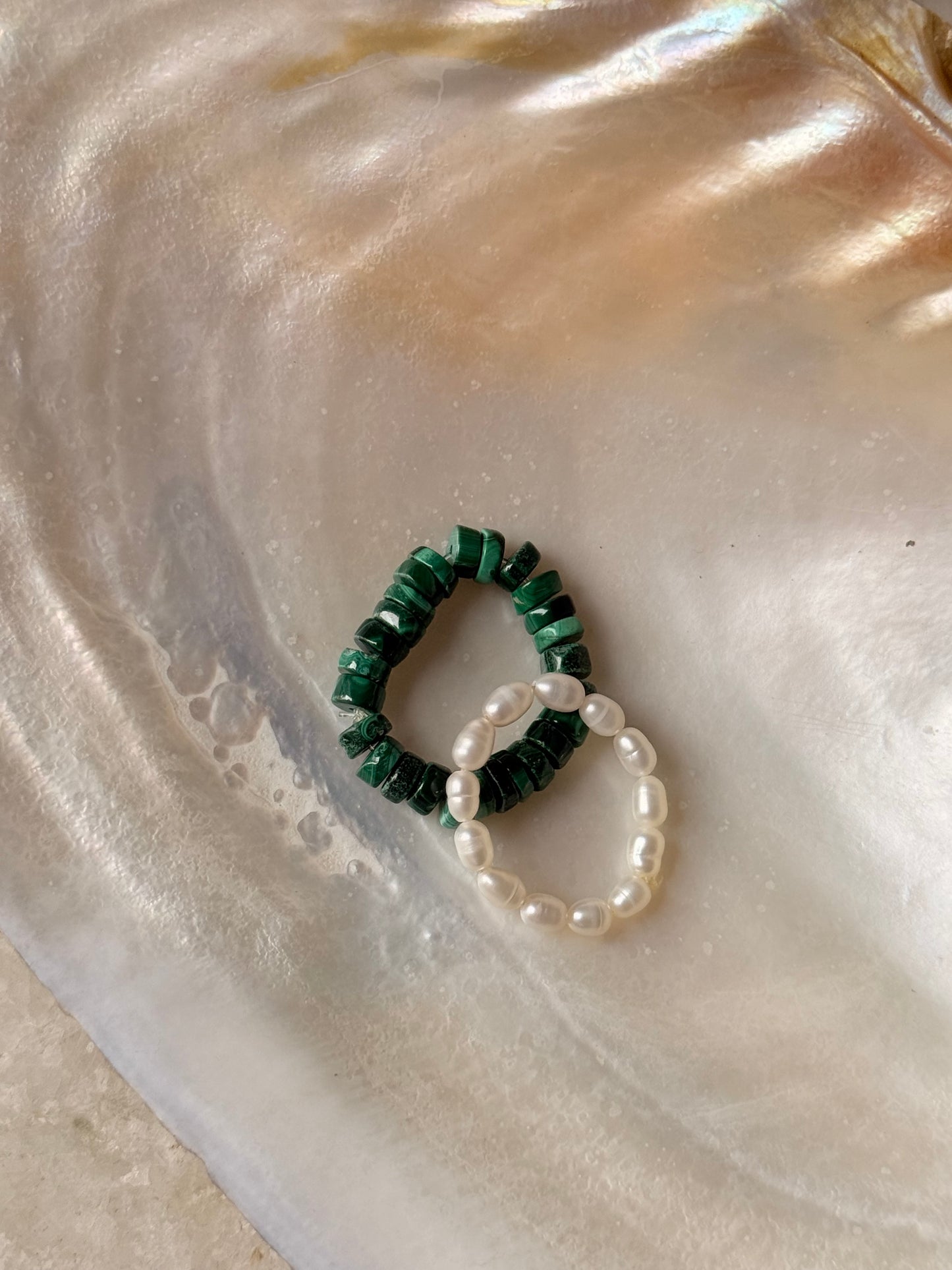 Natural Crystal Stretchy Malachite Flat 3-4mm & Fresh Water Pearl Rings