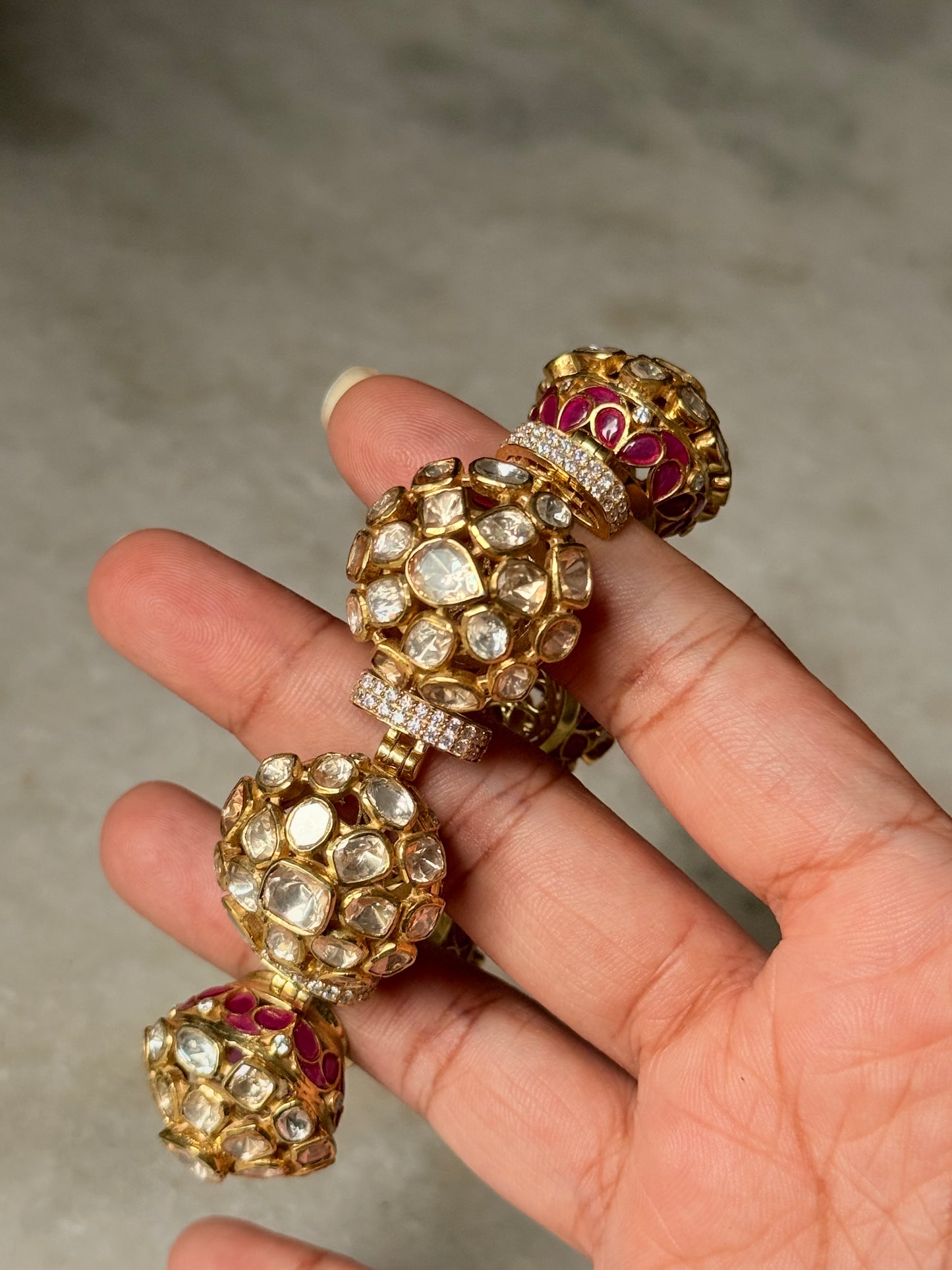 Luxury 925 Sterling Silver Gold Plated Antique Moissanite Polki Pink Kundan Open Bracelet