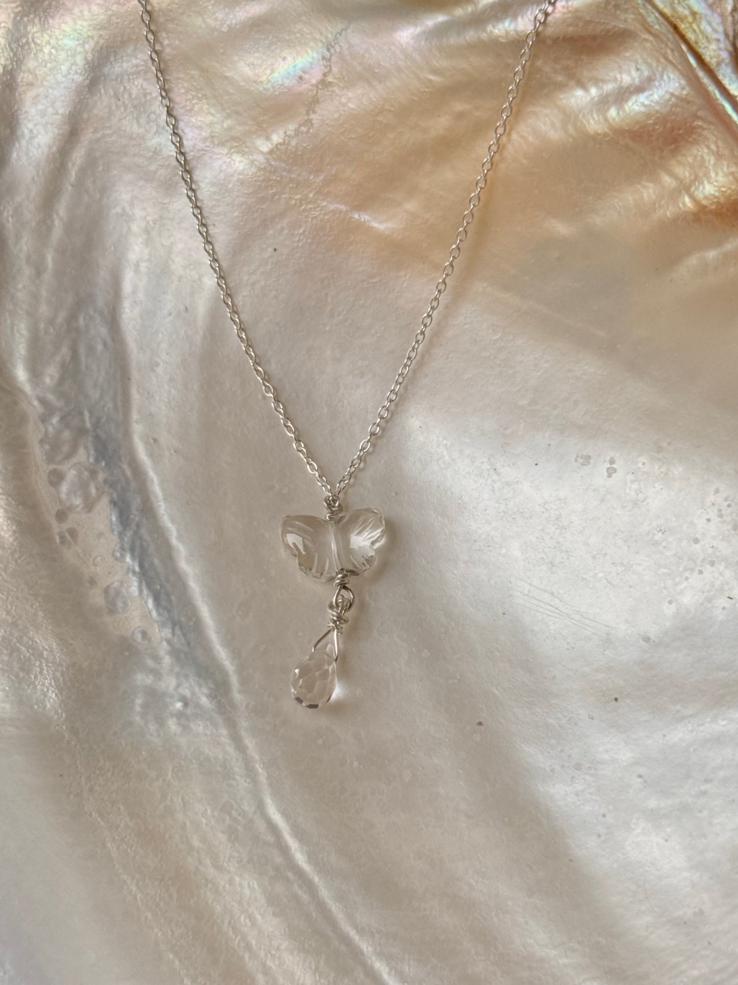 925 Sterling Silver Clear Quartz Butterfly, Clear Quartz Drop Handcrafted Necklace