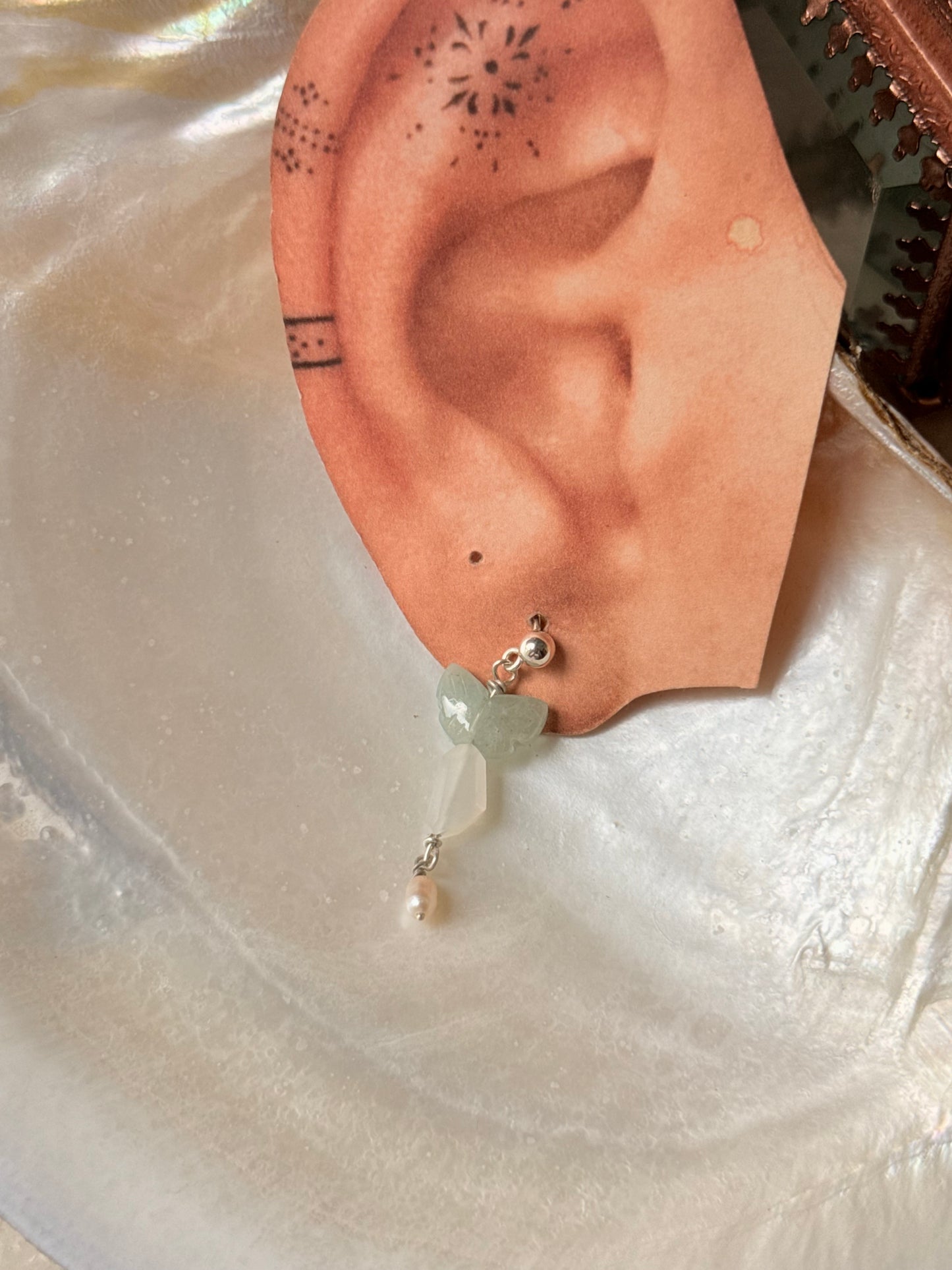 925 Sterling Silver Aquamarine Butterfly Moonstone Fresh Water Pearl Studs Earrings
