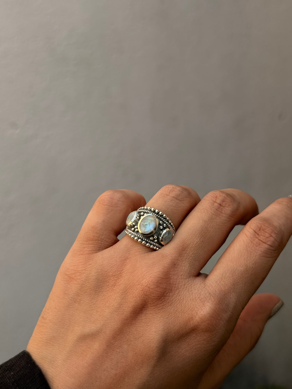 925 Sterling Silver Moonstone 3 Stone Boho Statement Handcrafted Ring