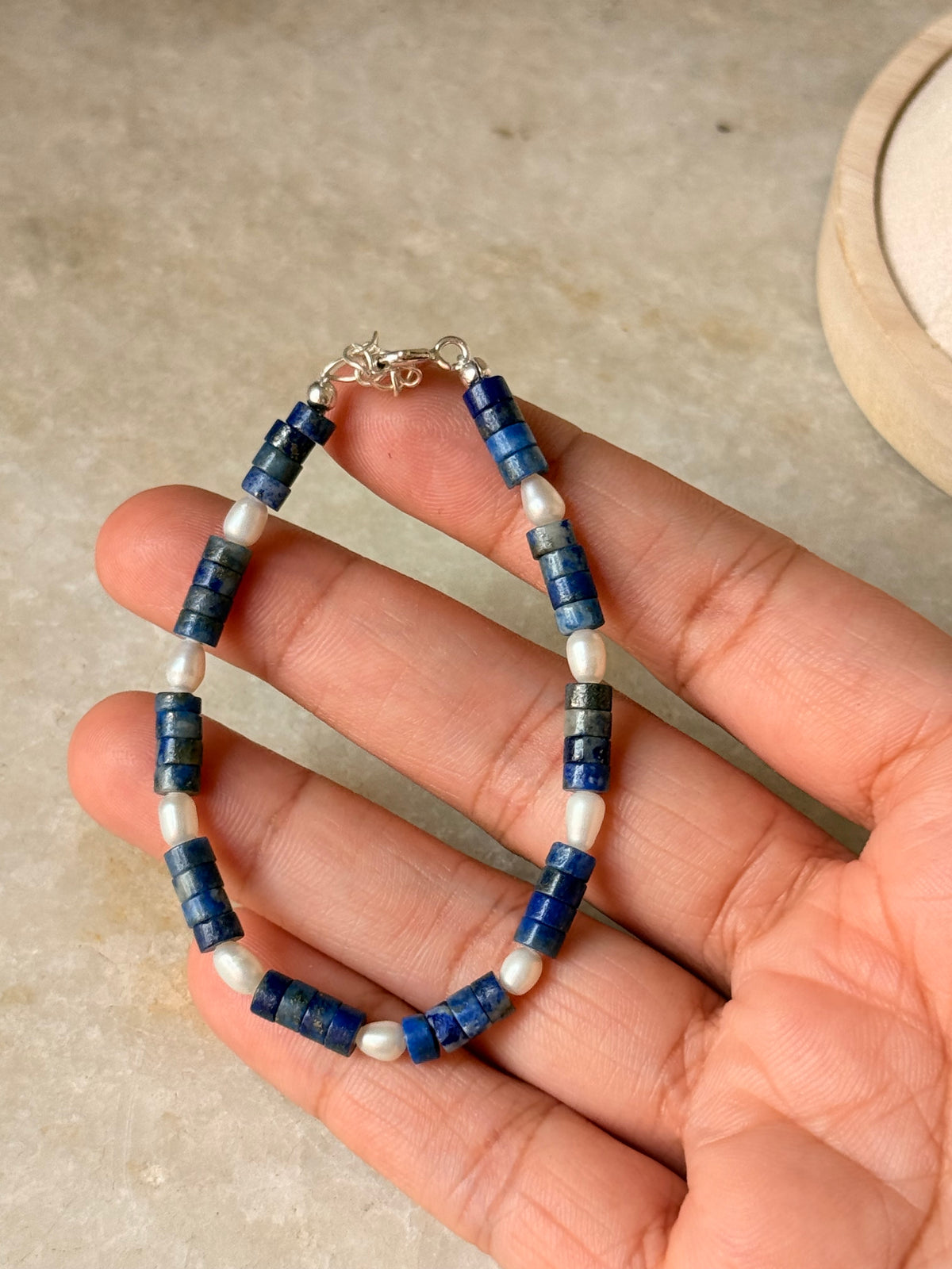 925 Sterling Silver Lapis Lazuli Flat Tube Crystal Fresh Water Pearls Bracelet