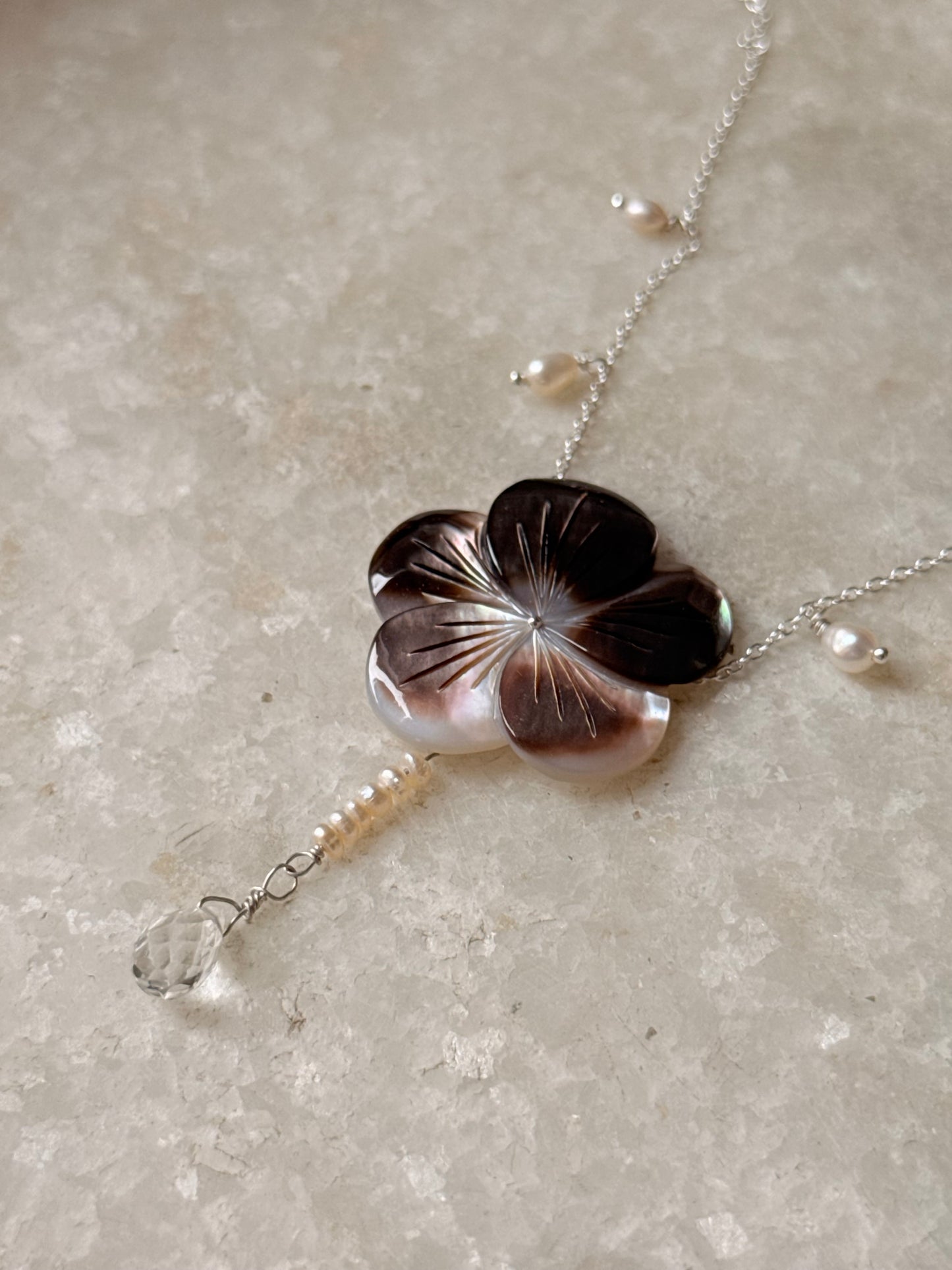 925 Sterling Silver Brown Mother Of Pearl Flower Carved , Fresh Water Pearls Charms & Clear Quartz Drop Handcrafted Dainty Necklace