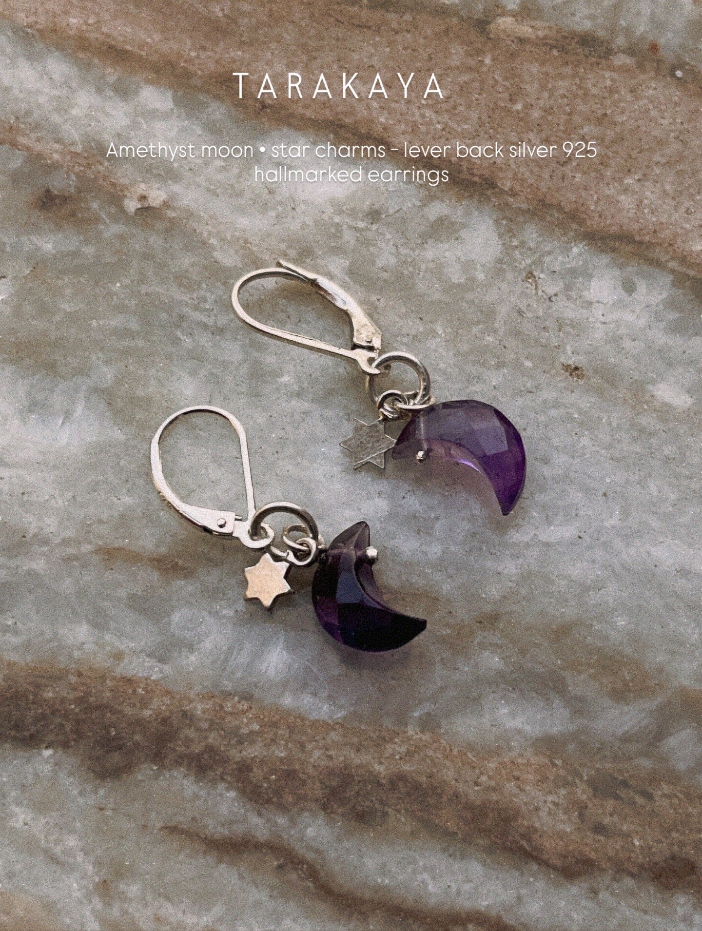 Amethyst Moon and Silver Star Charm Lever Back 925 Sterling Silver Earrings  