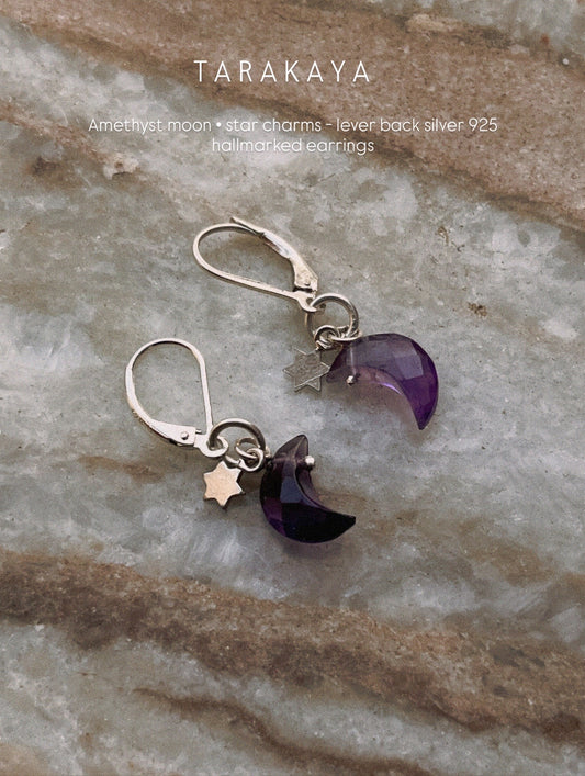 Amethyst Moon and Silver Star Charm Lever Back 925 Sterling Silver Earrings  