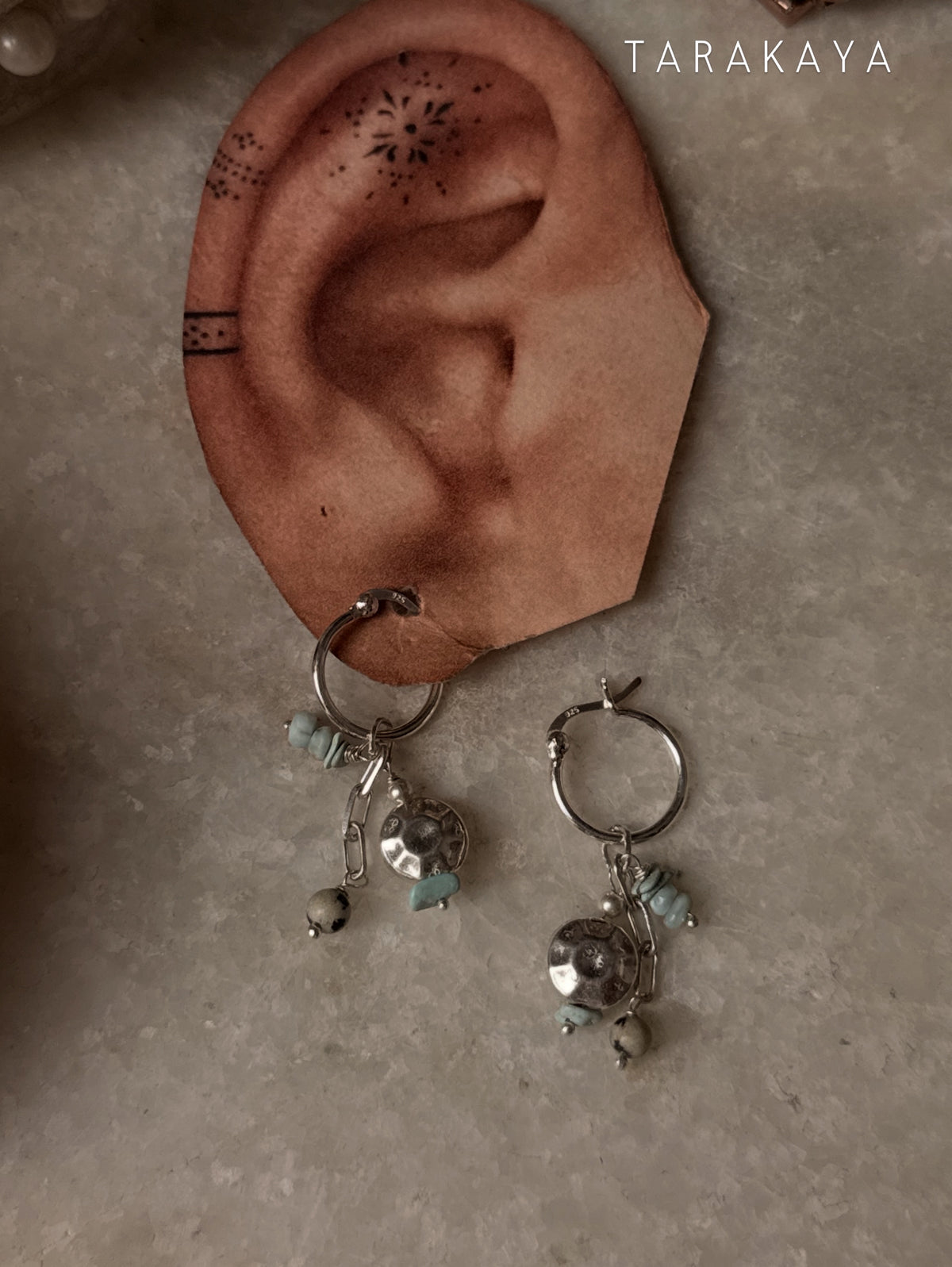 925 Sterling Silver Larimar, Turquoise, Dalmatian Jasper With Paper Clip Chain Earrings