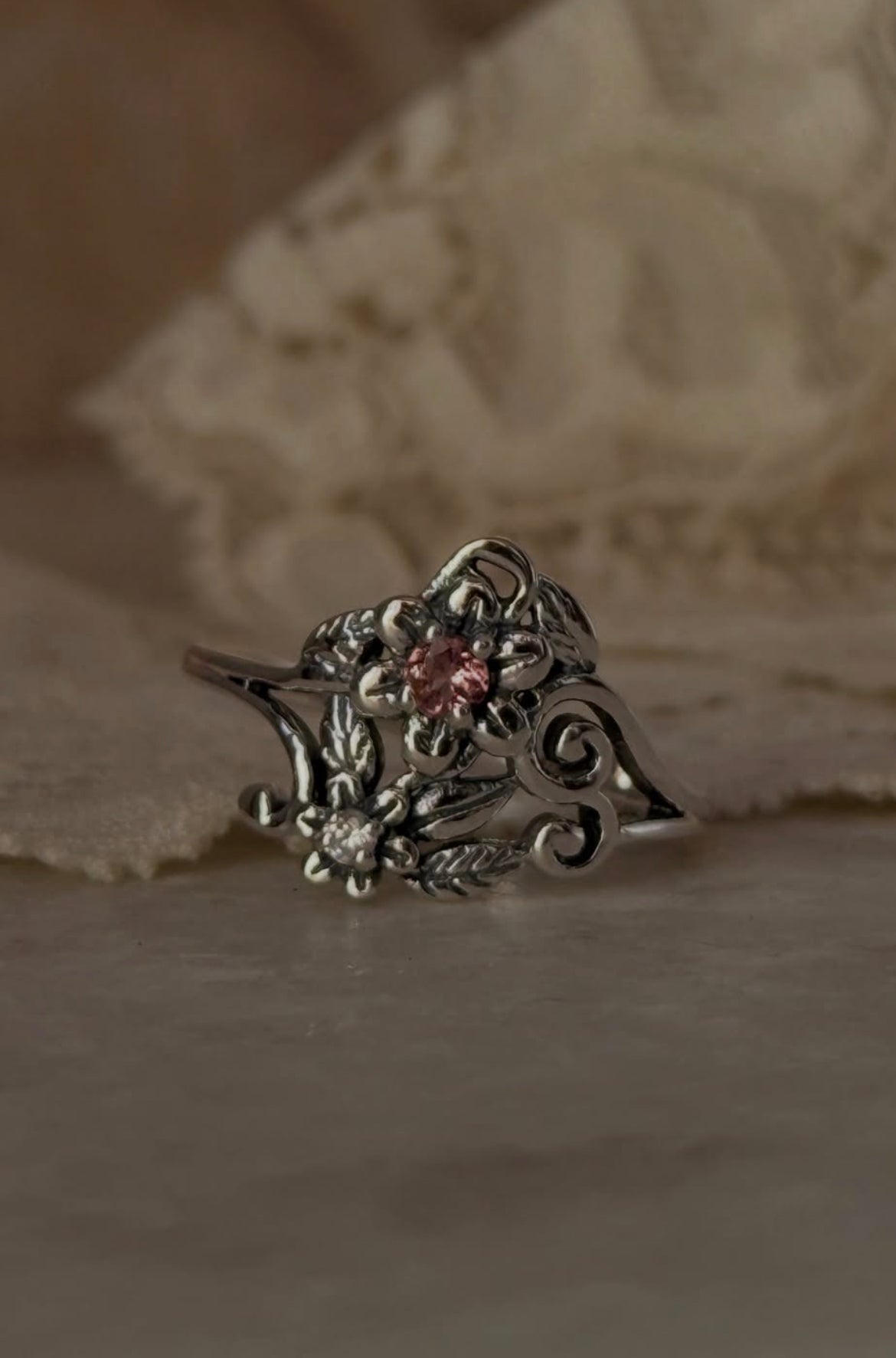 Floral dream pink tourmaline silver ring with white CZ accents  