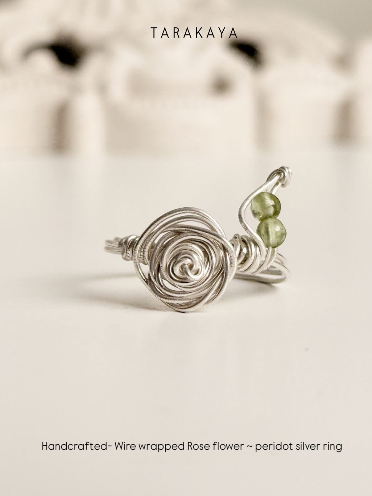 925 Sterling Silver Peridot Wire Wrapped Rose Handcrafted Ring