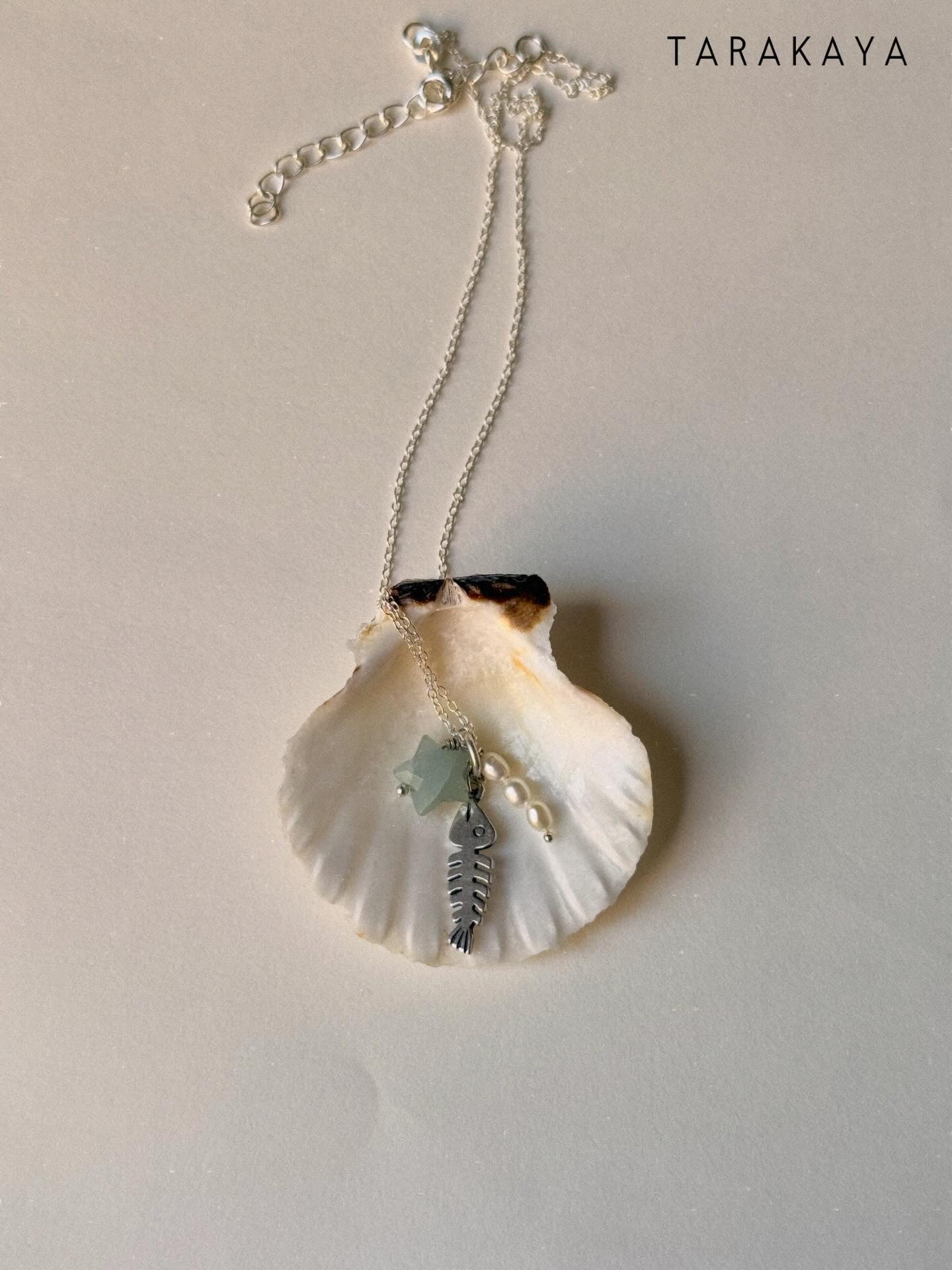 925 Sterling Silver Aquamarine Star, Fresh Water Pearls & Fish Bone Charm Handcrafted Necklace