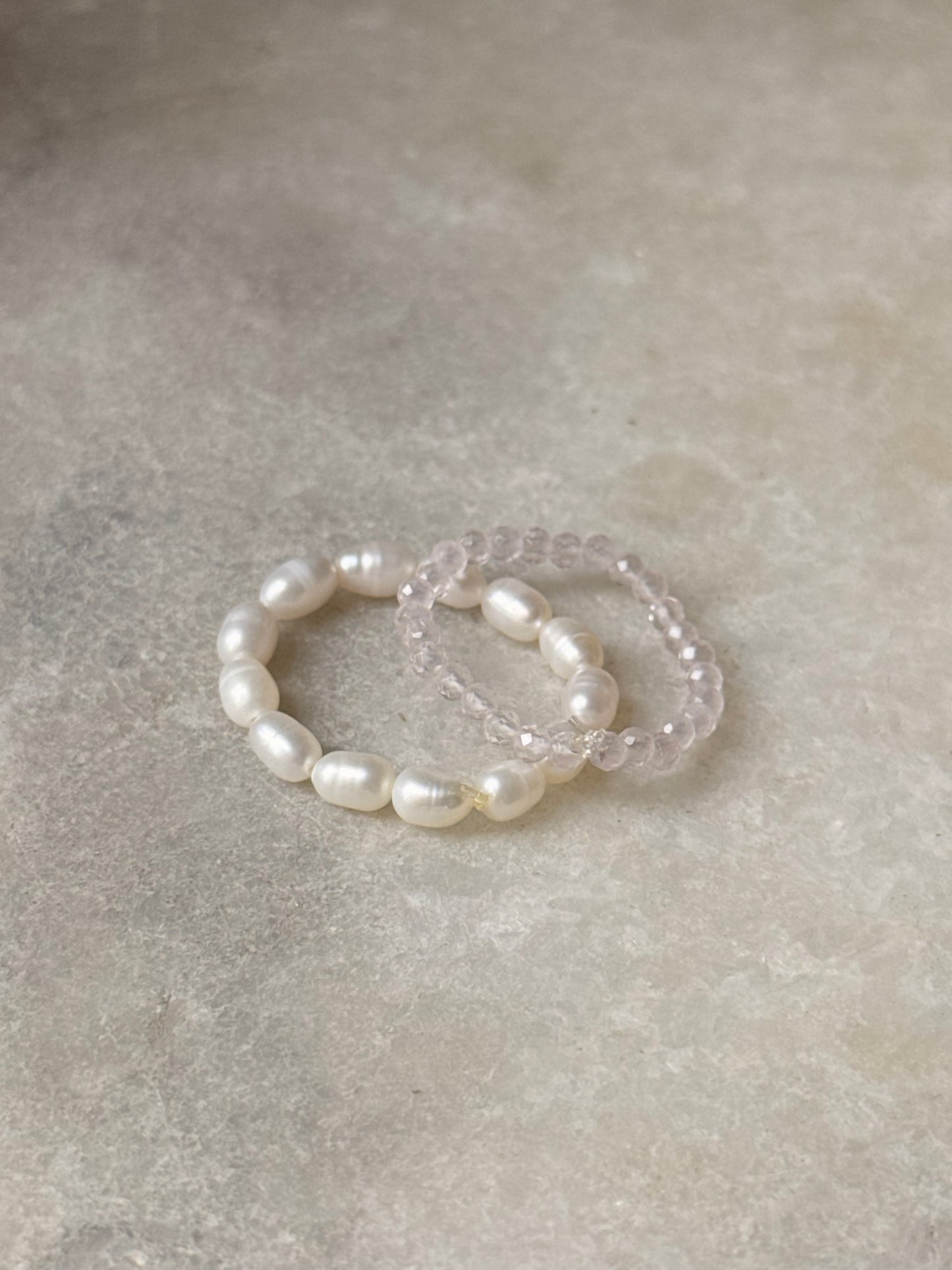 Natural Crystal Stretchy Light Shade Rose Quartz 2mm & Fresh Water Pearl Rings