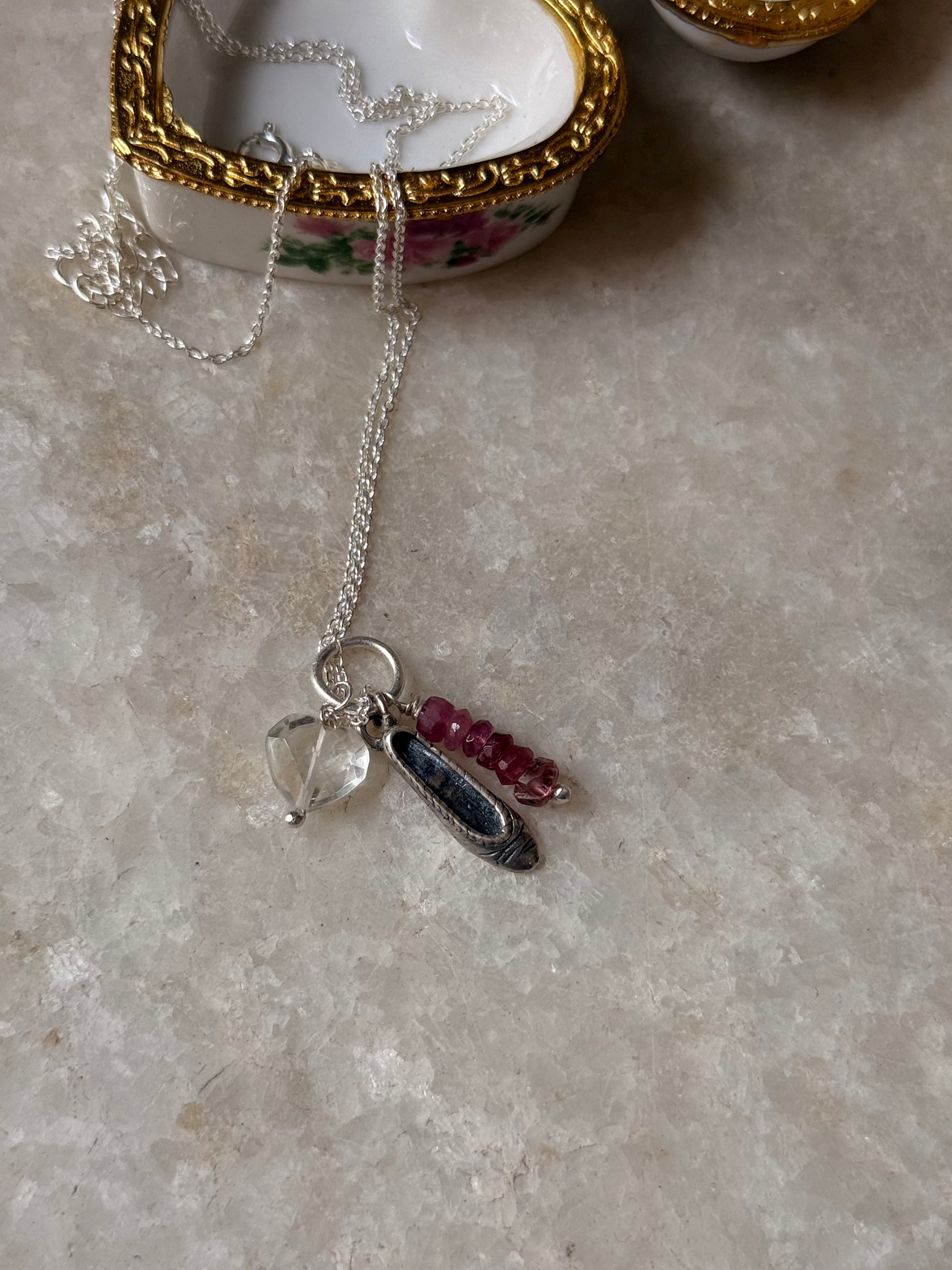 925 Sterling Silver Ballet shoe, Clear Quartz, Pink Tourmaline Charm