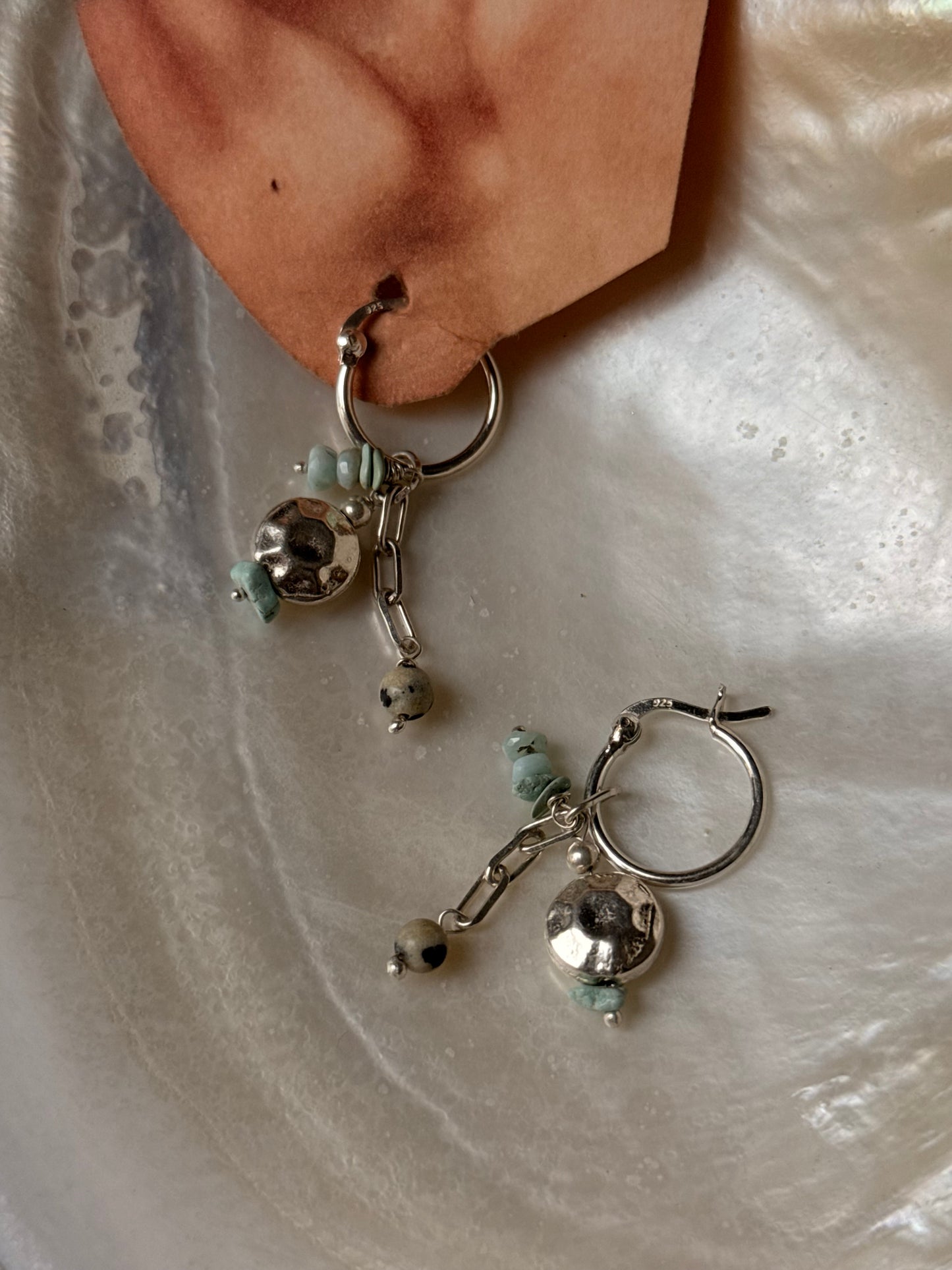 925 Sterling Silver Larimar , Turquoise , Dalmatian Jasper With Paper Clip Chain, Handcrafted Rustic Hoops Earrings