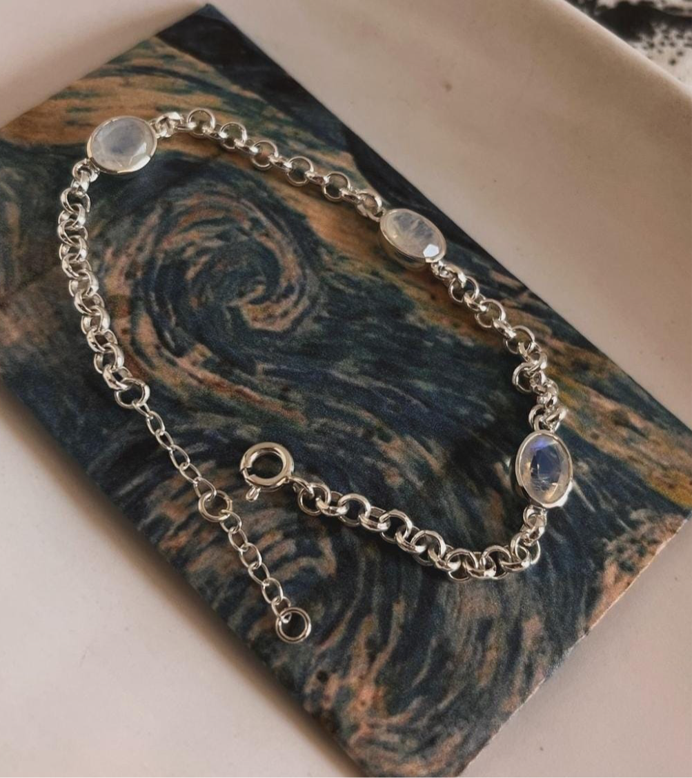 Moonstone 3 Stone Silver Bracelet