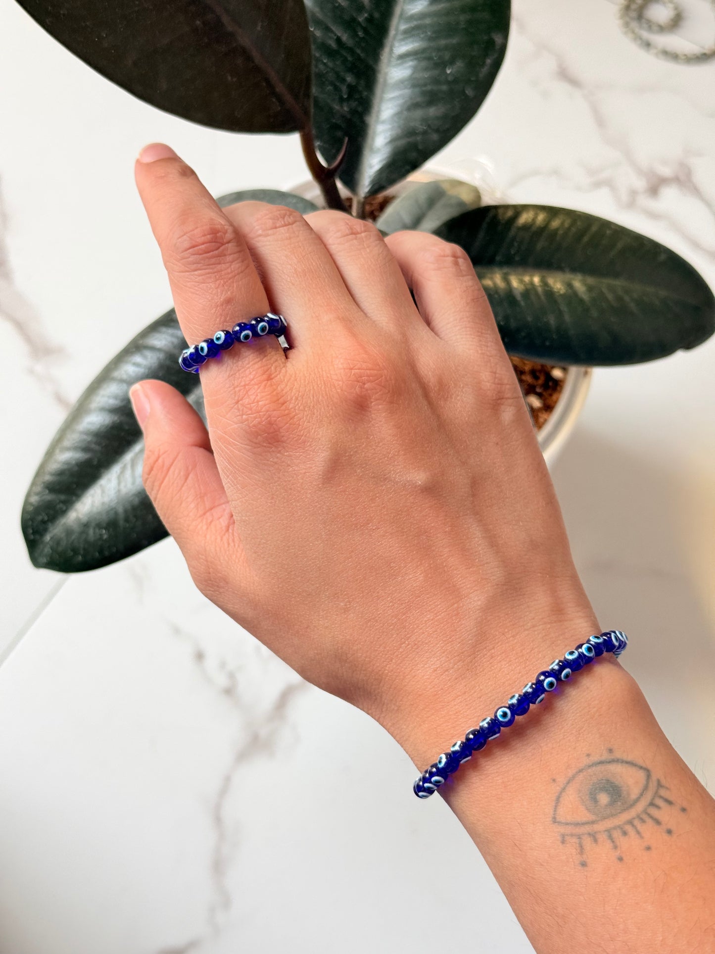 Natural Crystal Evil Eye 4mm Stretchy Rings & Bracelet