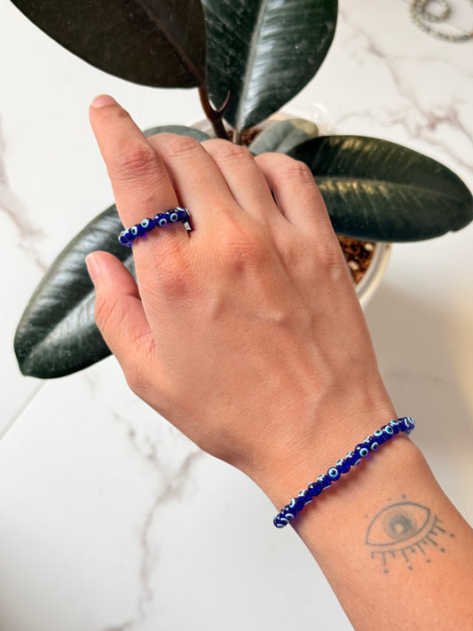 Natural Crystal Evil Eye 4mm Stretchy Rings & Bracelet