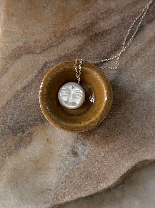 925 Sterling Silver Mother of Pearl Full Moon Face Carved Handcrafted Necklace