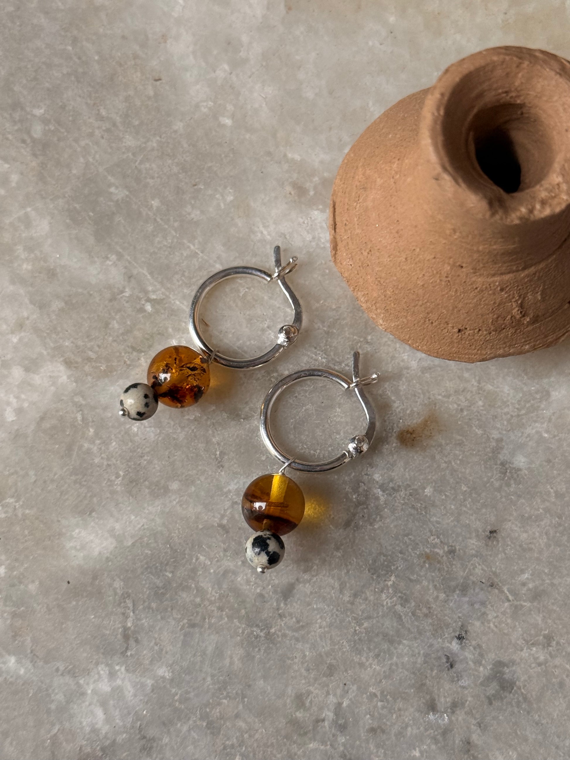 925 Sterling Silver Amber, Dalmation Jasper Italian Hoops