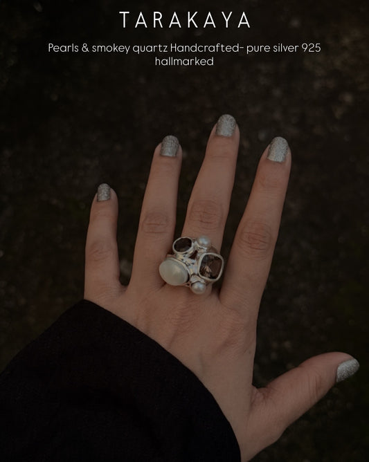 925 Sterling Silver Fresh Water Pearls & Smokey Quartz Cluster Statement Ring