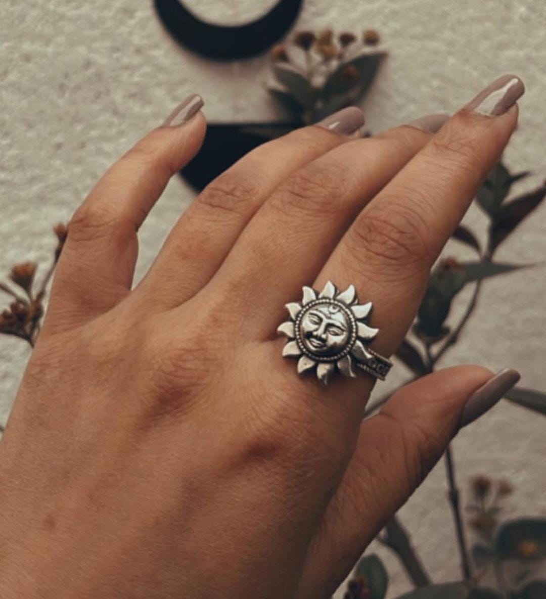 Unique Surya Dev adjustable silver ring for spiritual wear