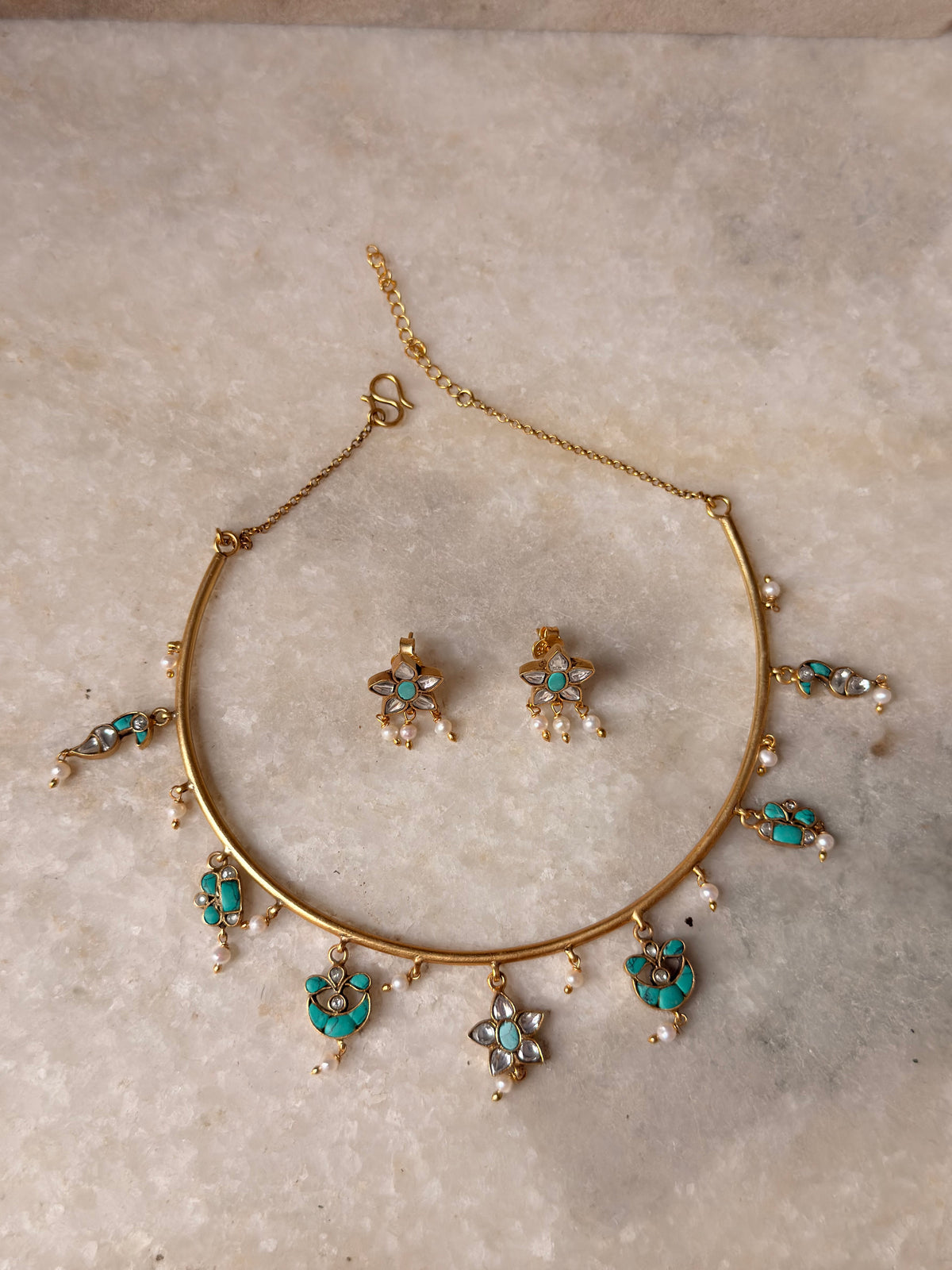 925 Sterling Silver Turquoise , Fresh Water Pearls & Kundan Polki Handcrafted Gold Plated Necklace Set