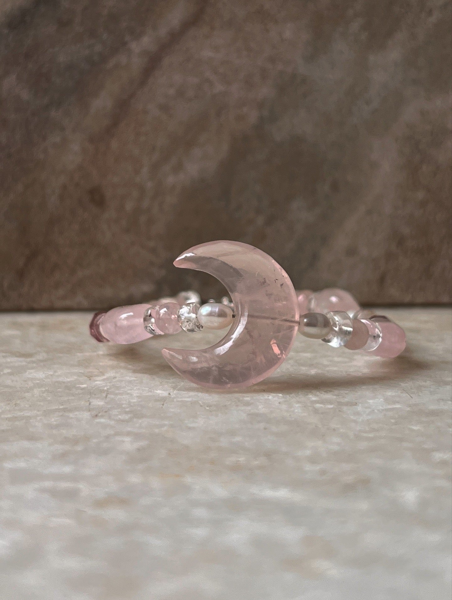 Moonlit Bloom ~Rose Quartz Crescent Moon, Clear Quartz & Pearl Crystal 925 Sterling Silver Bracelet