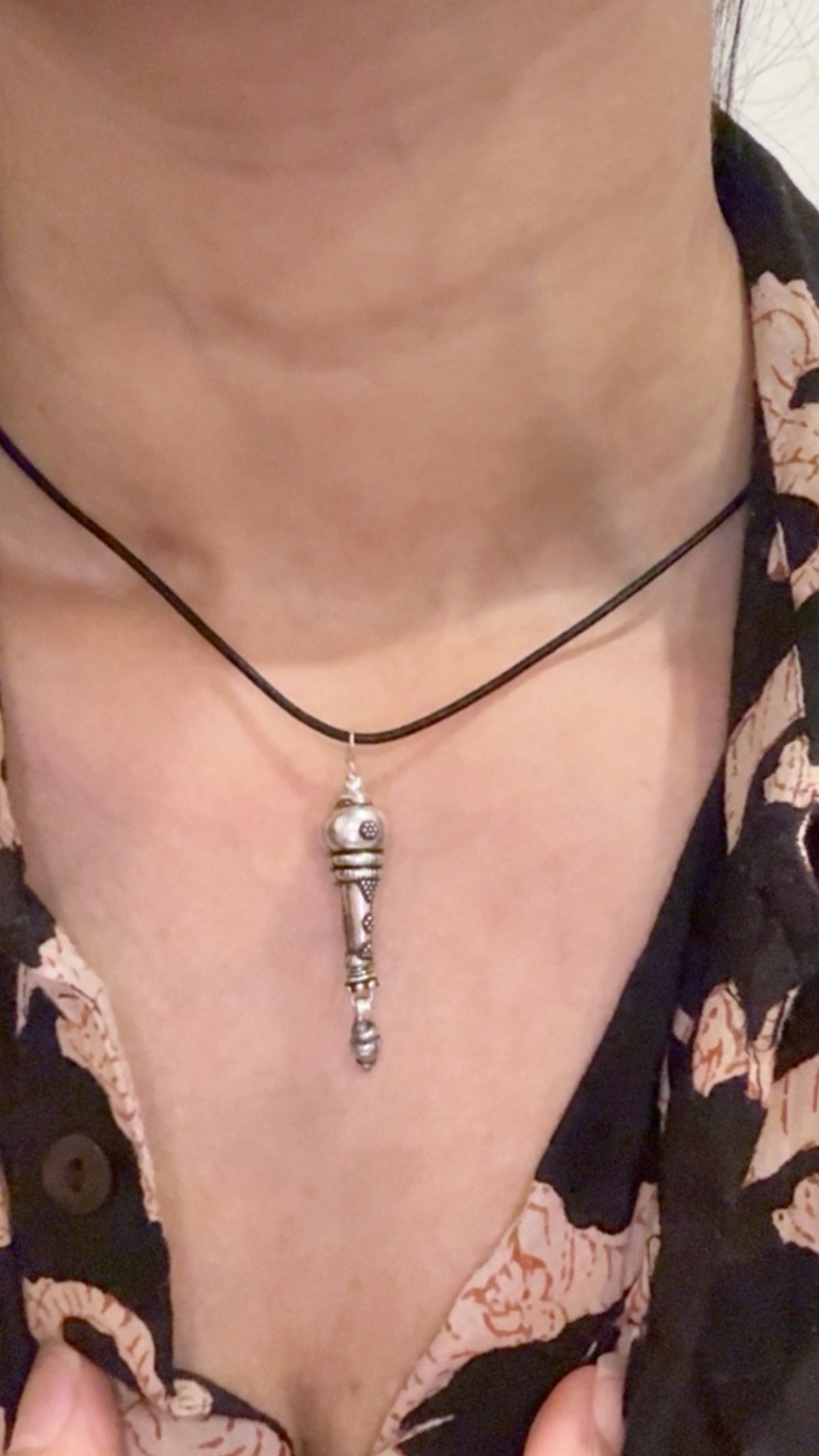 925 Sterling Silver Black Leather Cord Mandali Dolki Necklace