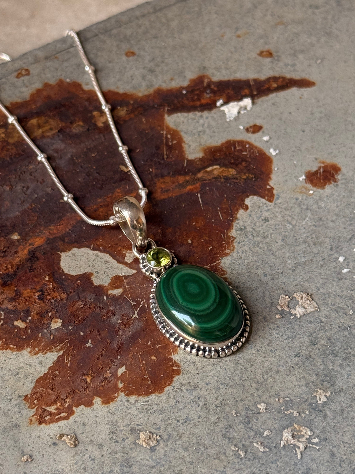 925 Sterling Silver Malachite Oval &  Peridot Round Faceted Handcrafted One of a Kind Pendant