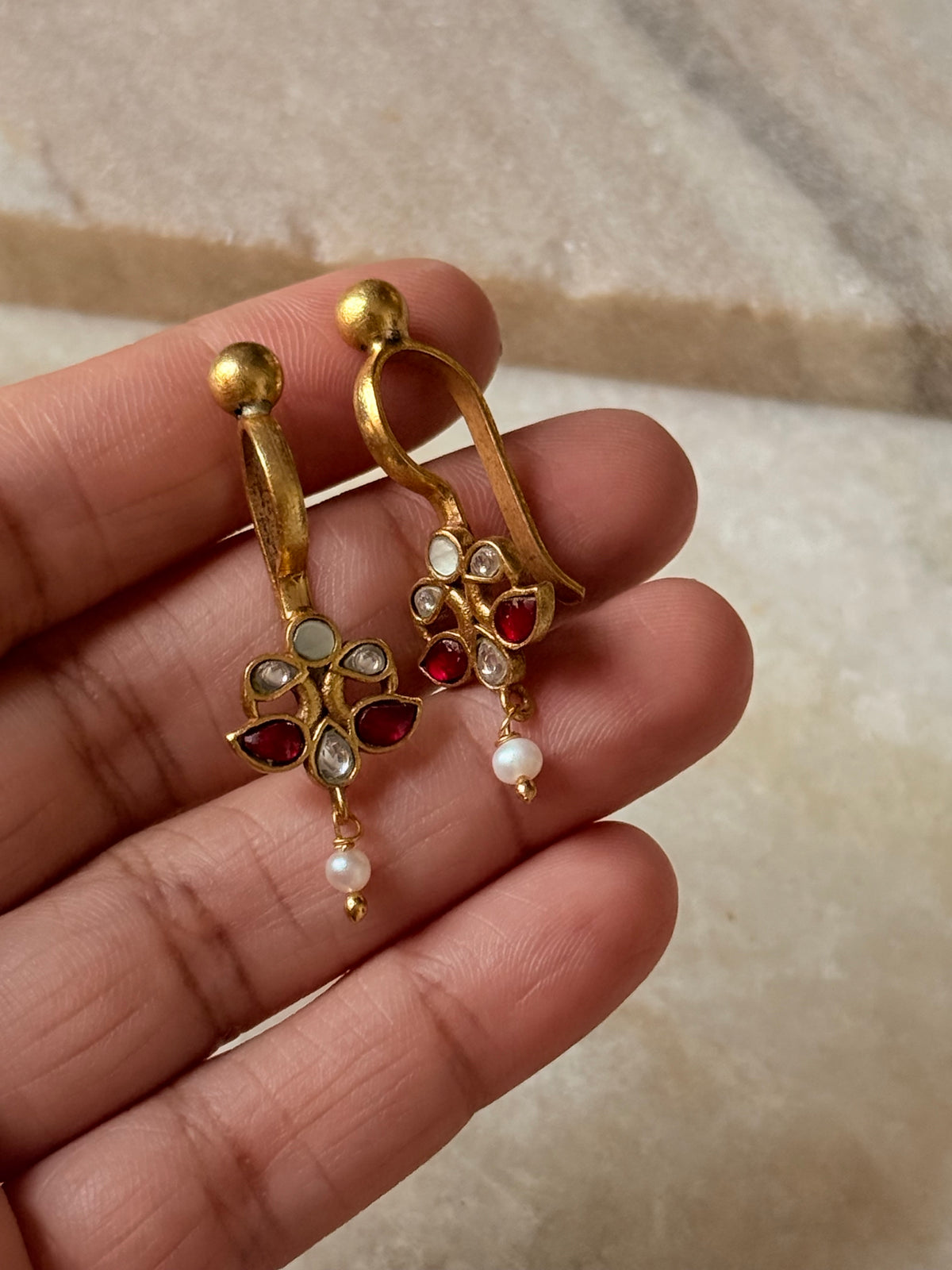 925 Sterling Silver Gold Plated Pink White Stone Kundan Polki & Fresh Water Pearls Charm Bugadi Ear Cuff
