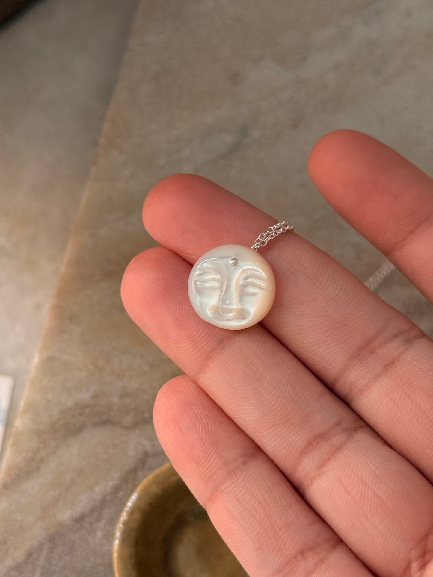 925 Sterling Silver Mother of Pearl Full Moon Face Carved Handcrafted Necklace