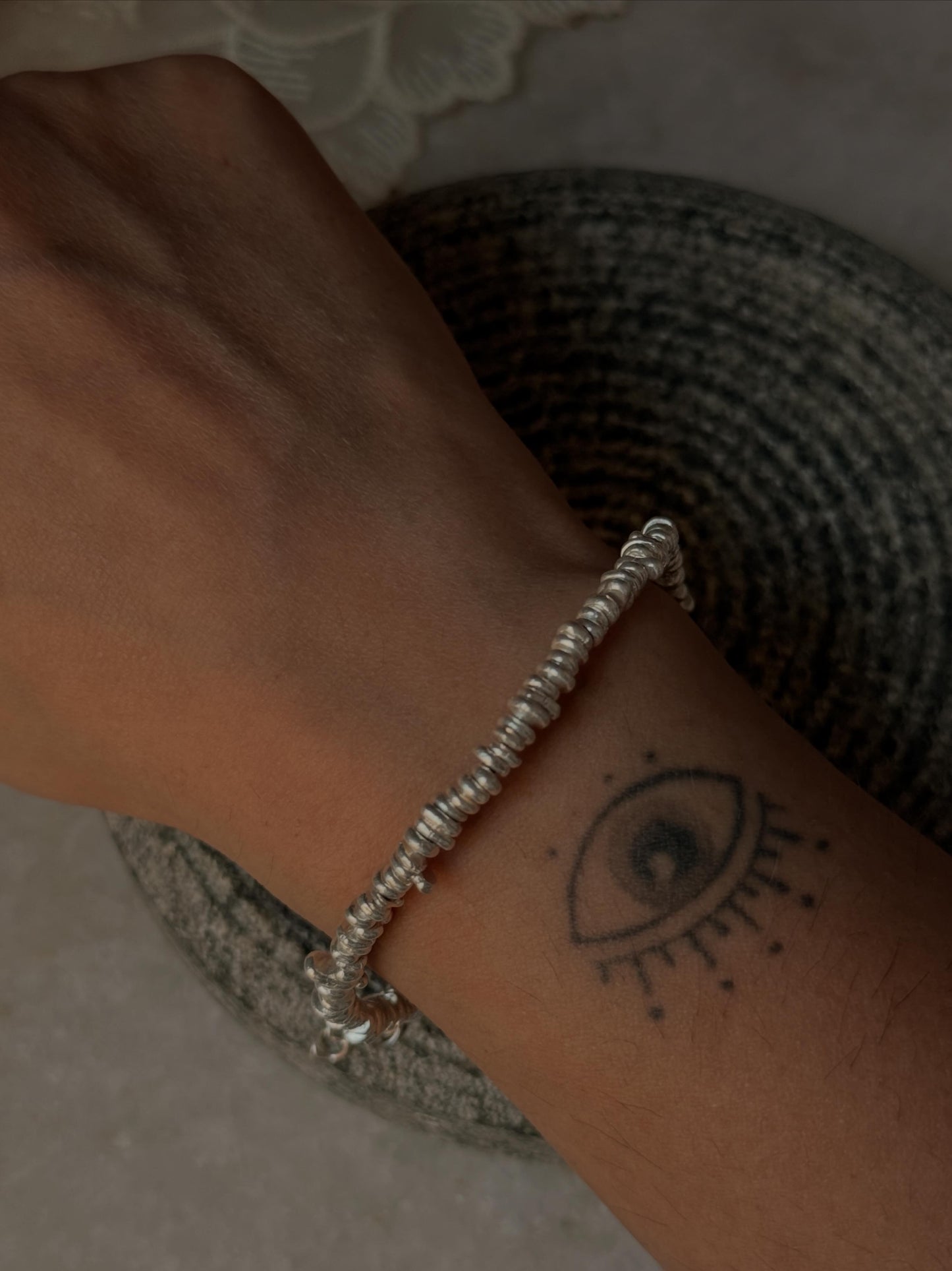 925 Sterling Silver Chunky Molten  Hill Tribe Handcrafted Beads In Pure Silver Wire Bracelet