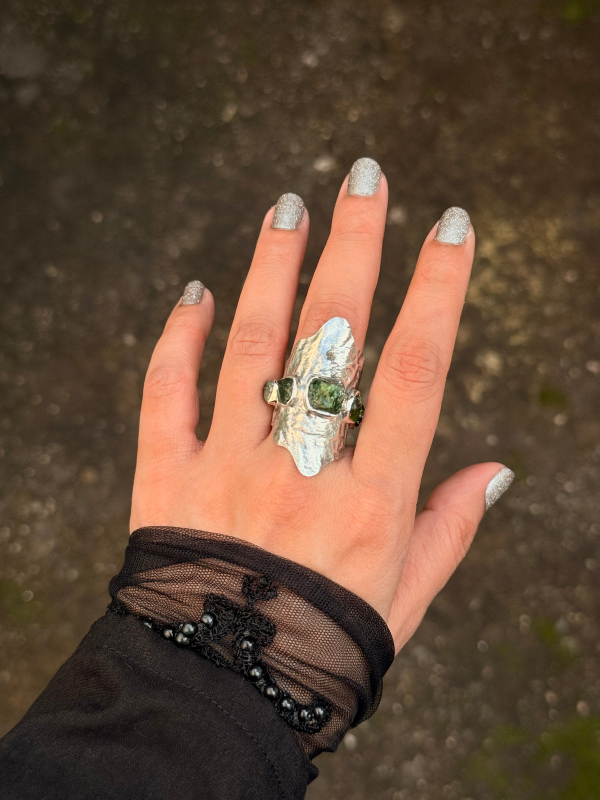 925 Sterling Silver Green Tourmaline Raw Uncut Molten Textured Statement Handcrafted Ring