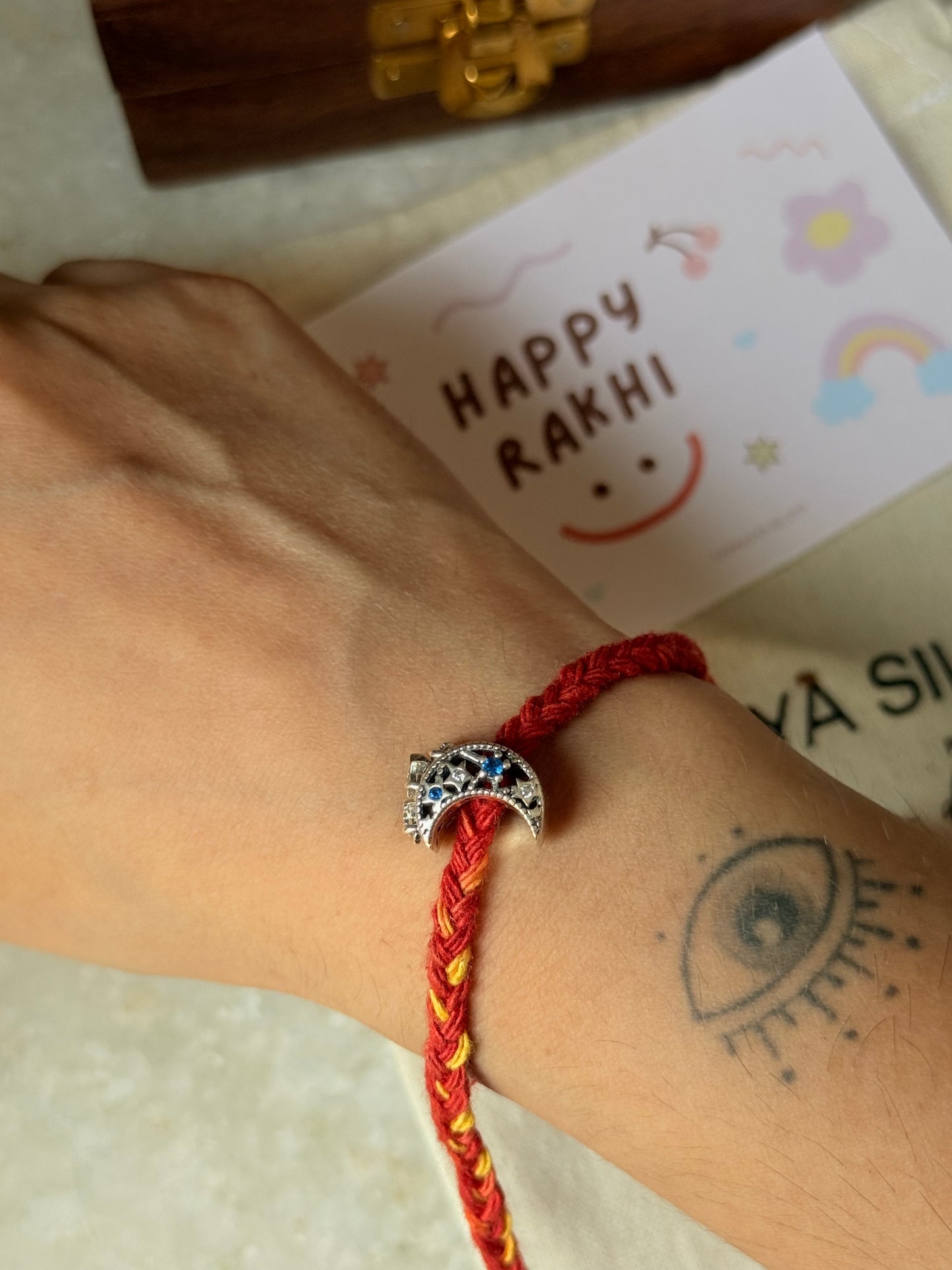 925 Sterling Silver Moon Stars Charm Rakhi ~ Reusable as Pendant/Bracelet Charm Handcrafted Rakhi