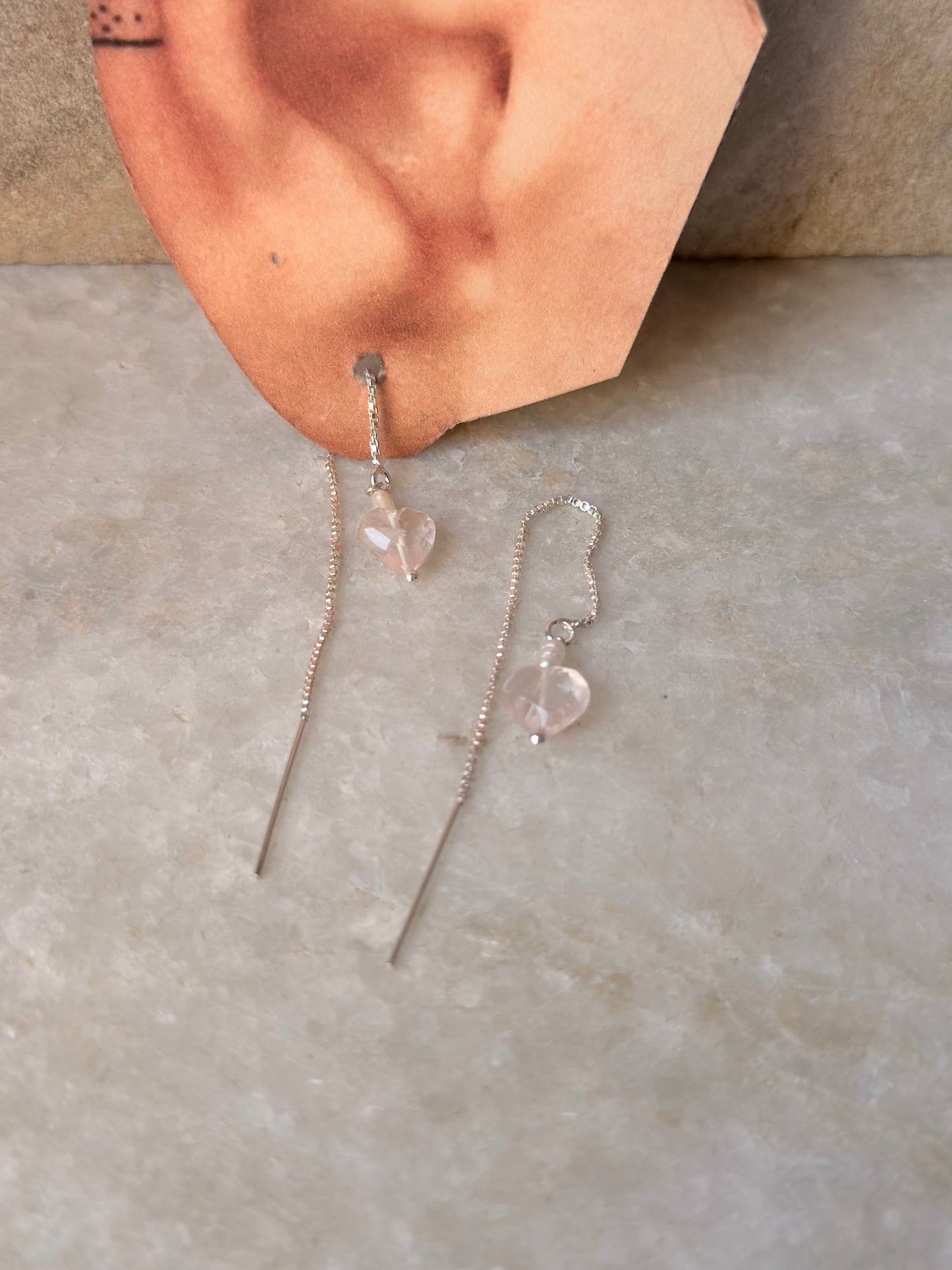 925 Sterling Silver Rose Quartz Heart & Pearl Sui Dhaga Earrings