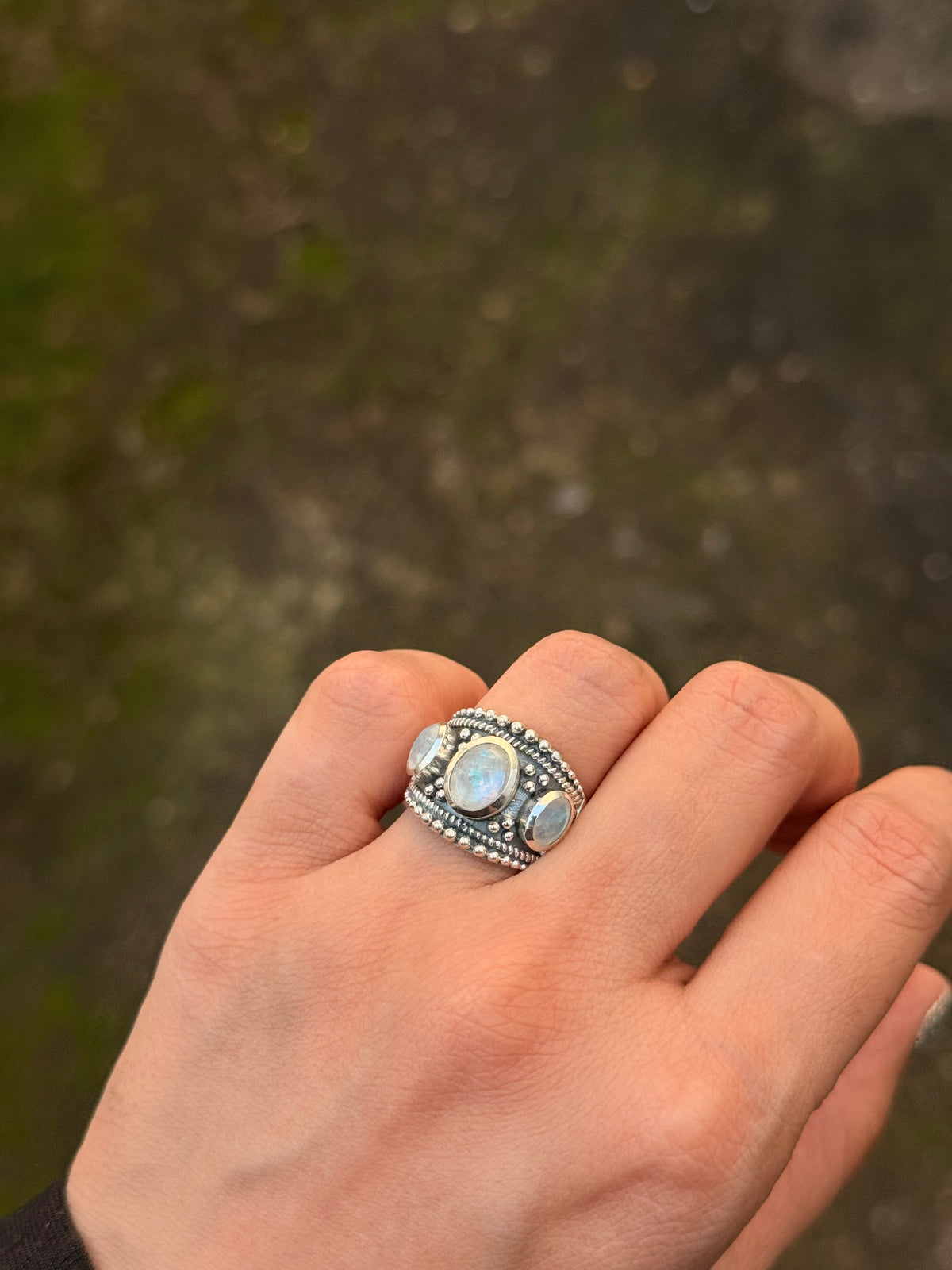 925 Sterling Silver Moonstone 3 Stone Boho Statement Handcrafted Ring