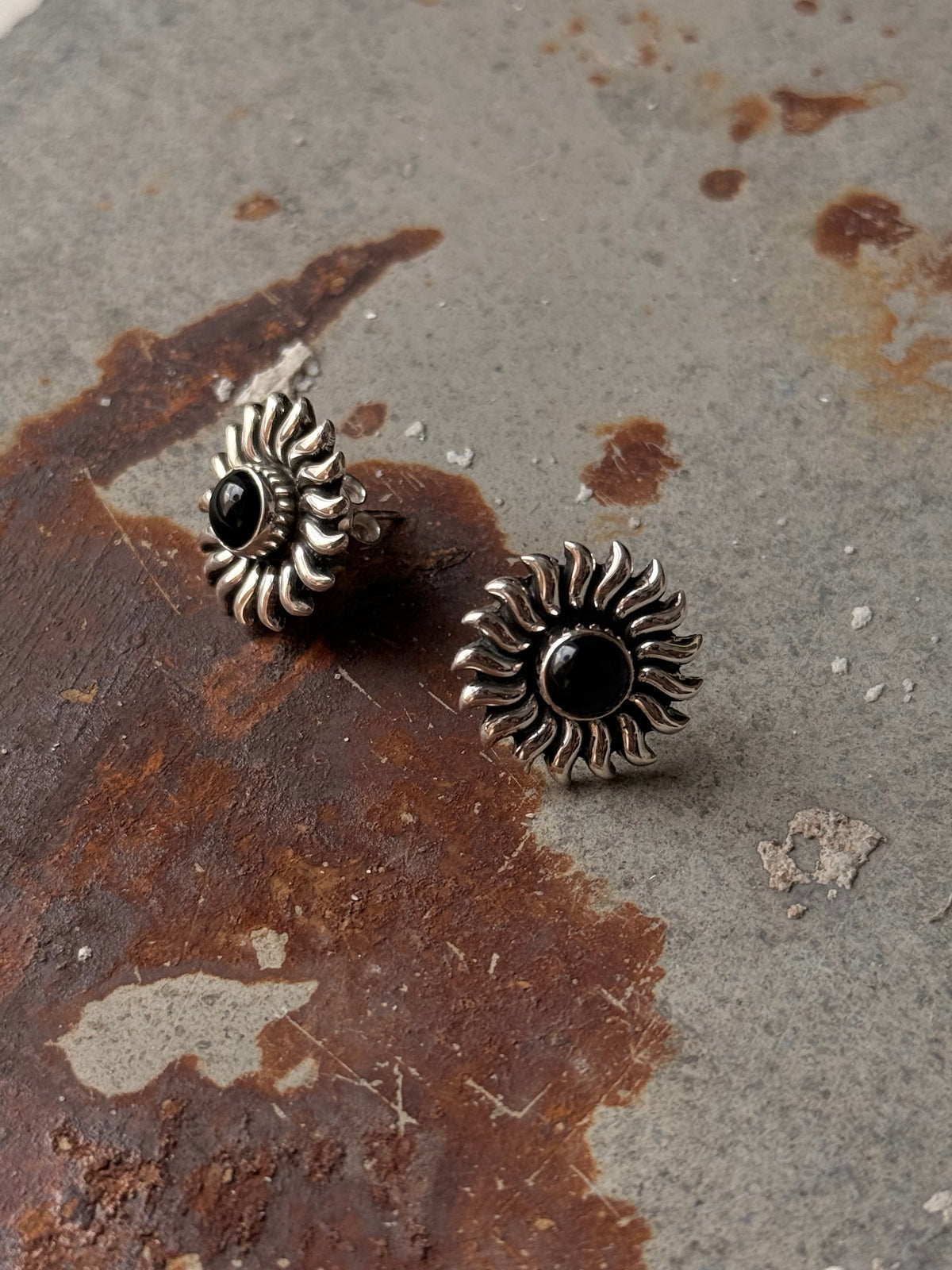 925 Sterling Silver Black Onyx Sun Statement Studs Earrings
