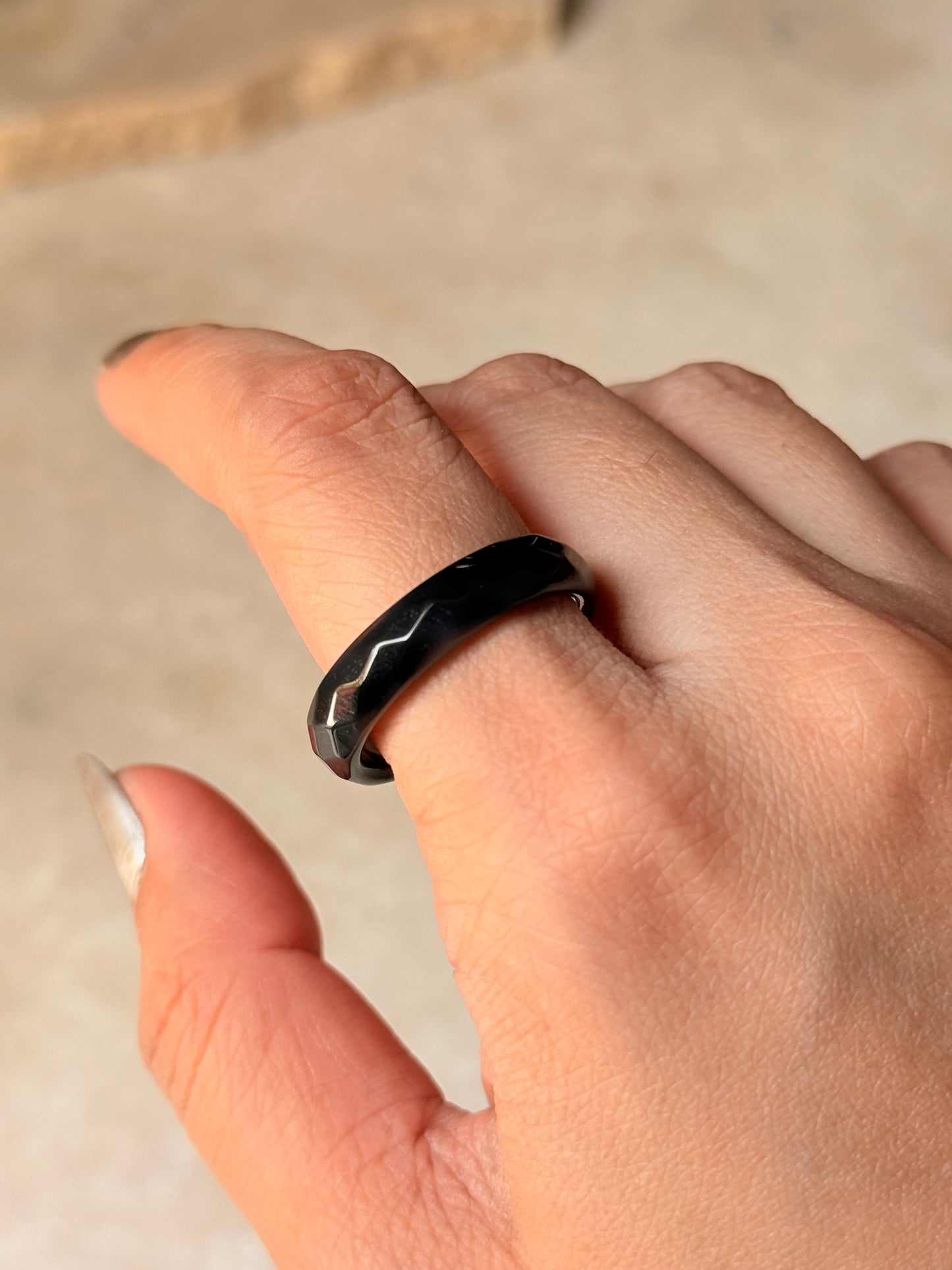 Natural Crystal Faceted Black Agate Band Ring