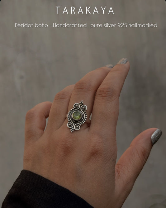 925 Sterling Silver Peridot Boho Ring
