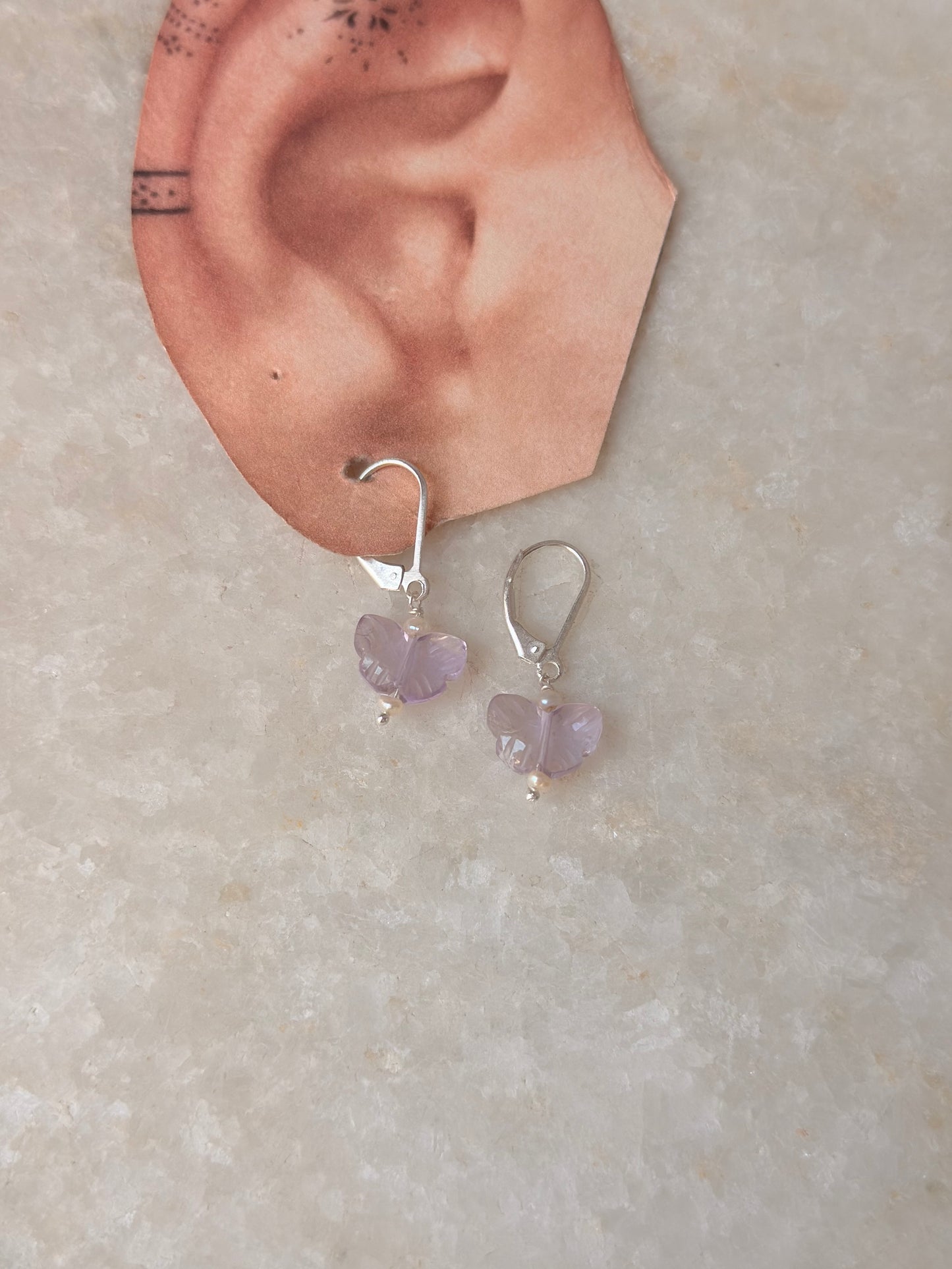 925 Sterling Silver Amethyst Butterfly & Pearls Lever Back Earrings